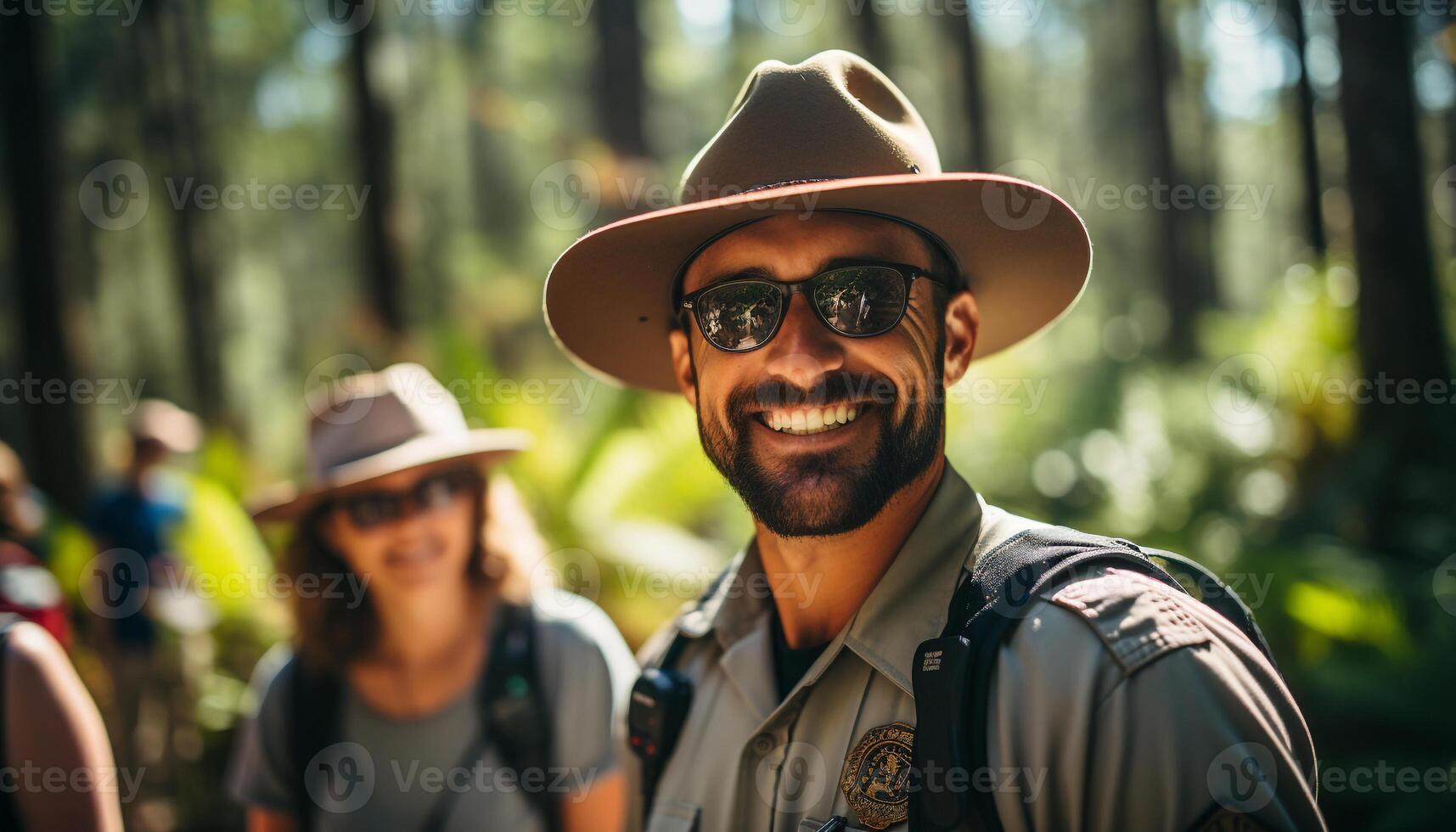 AI generated Smiling men and women hiking in nature generated by AI photo