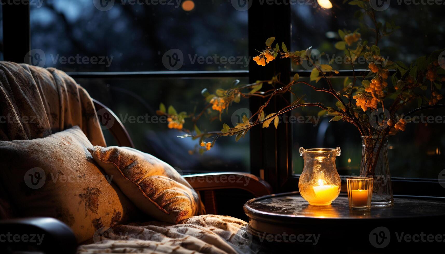 AI generated Comfortable bedroom with wood table, pillow, and lamp generated by AI photo
