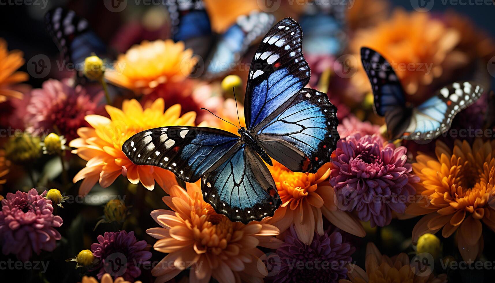 AI generated Multi colored butterfly on vibrant flower in nature generated by AI photo