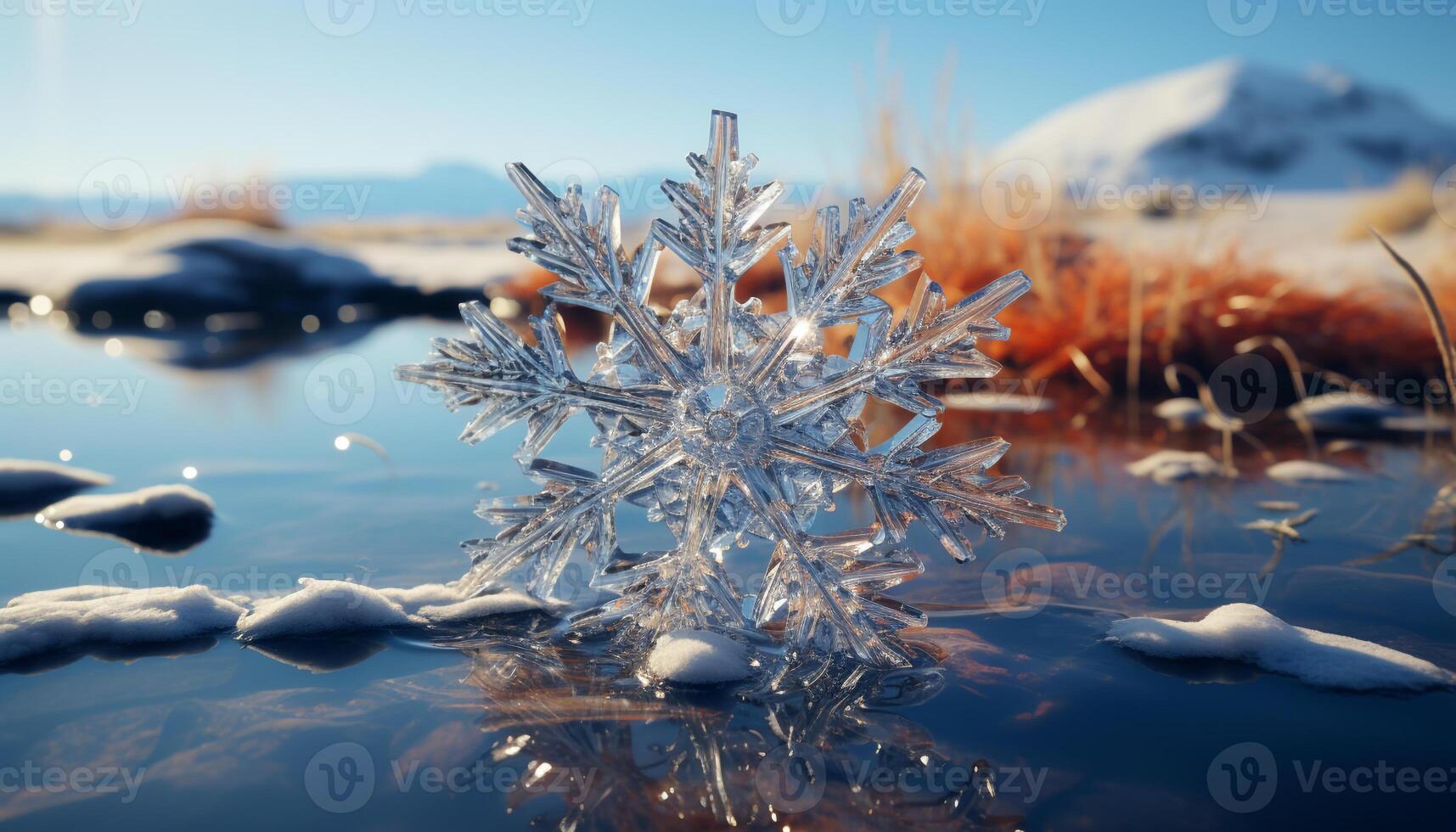 AI generated Winter beauty reflected in frozen water and snow generated by AI photo