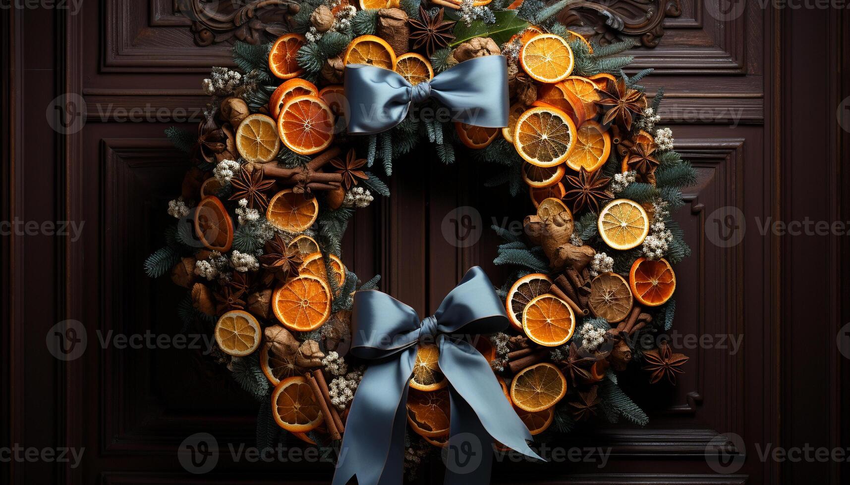 AI generated Wooden table decorated with rustic Christmas ornaments generated by AI photo