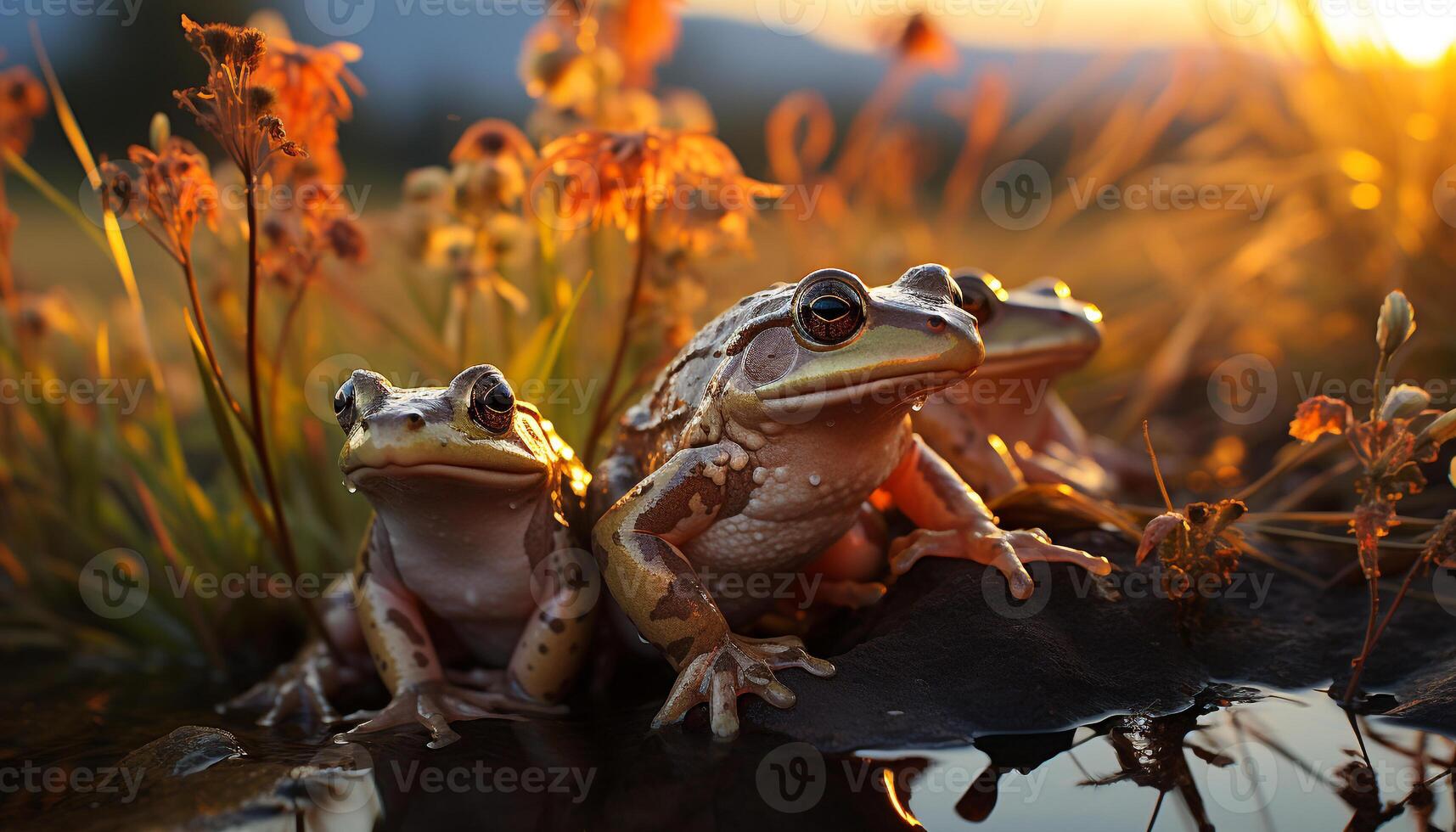AI generated Two toads sitting on a branch, watching sunset generated by AI photo