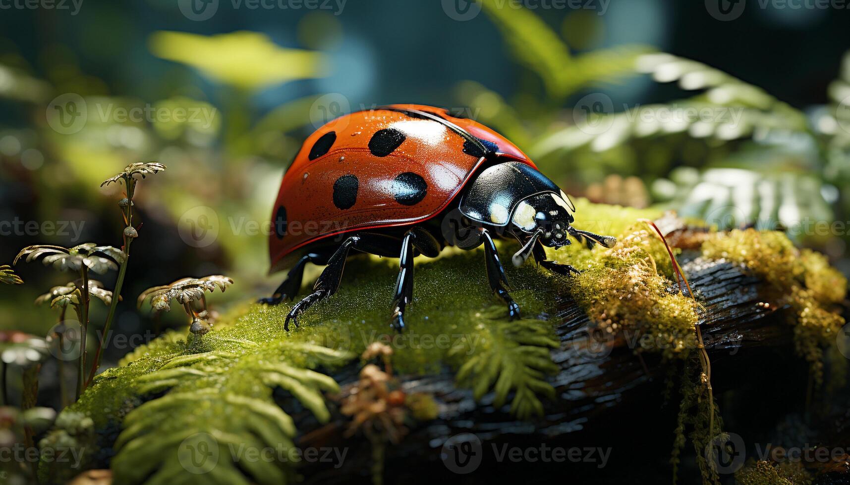 AI generated Ladybug crawling on green leaf in the meadow generated by AI photo