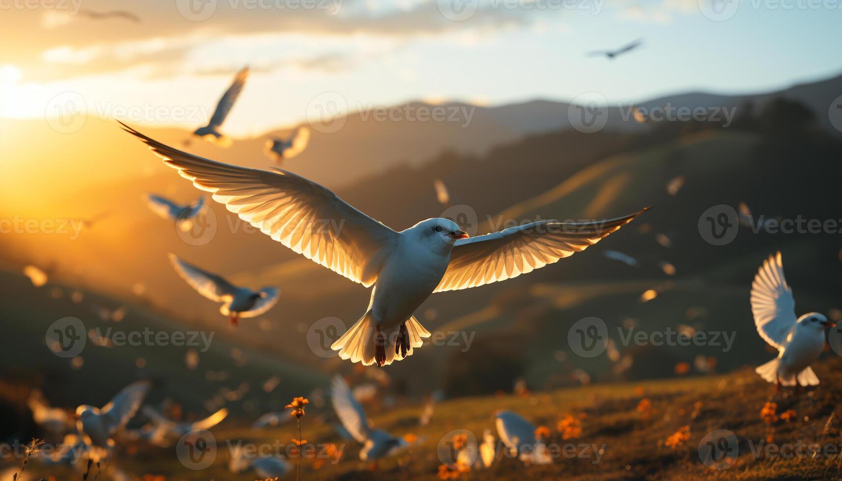 AI generated Seagull soaring in the sunset, symbolizing freedom generated by AI photo
