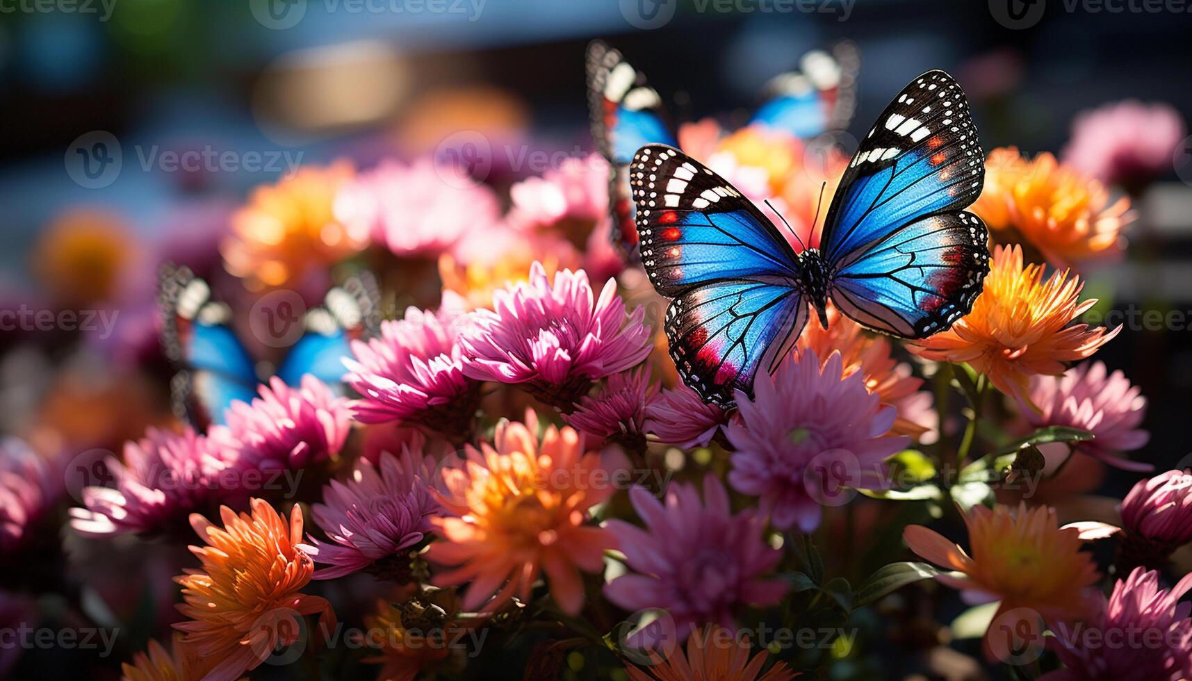 AI generated Close up of a multi colored butterfly on a flower generated by AI photo