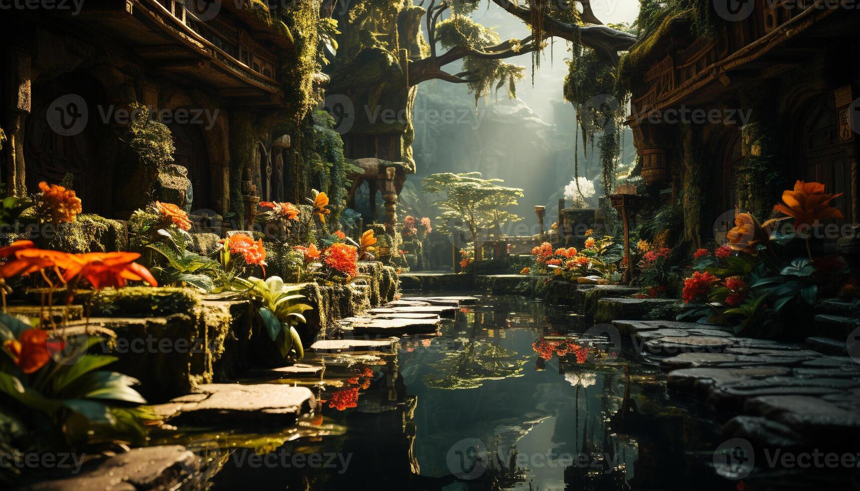 AI generated Ancient Hindu temple reflects spirituality in tranquil nature generated by AI photo