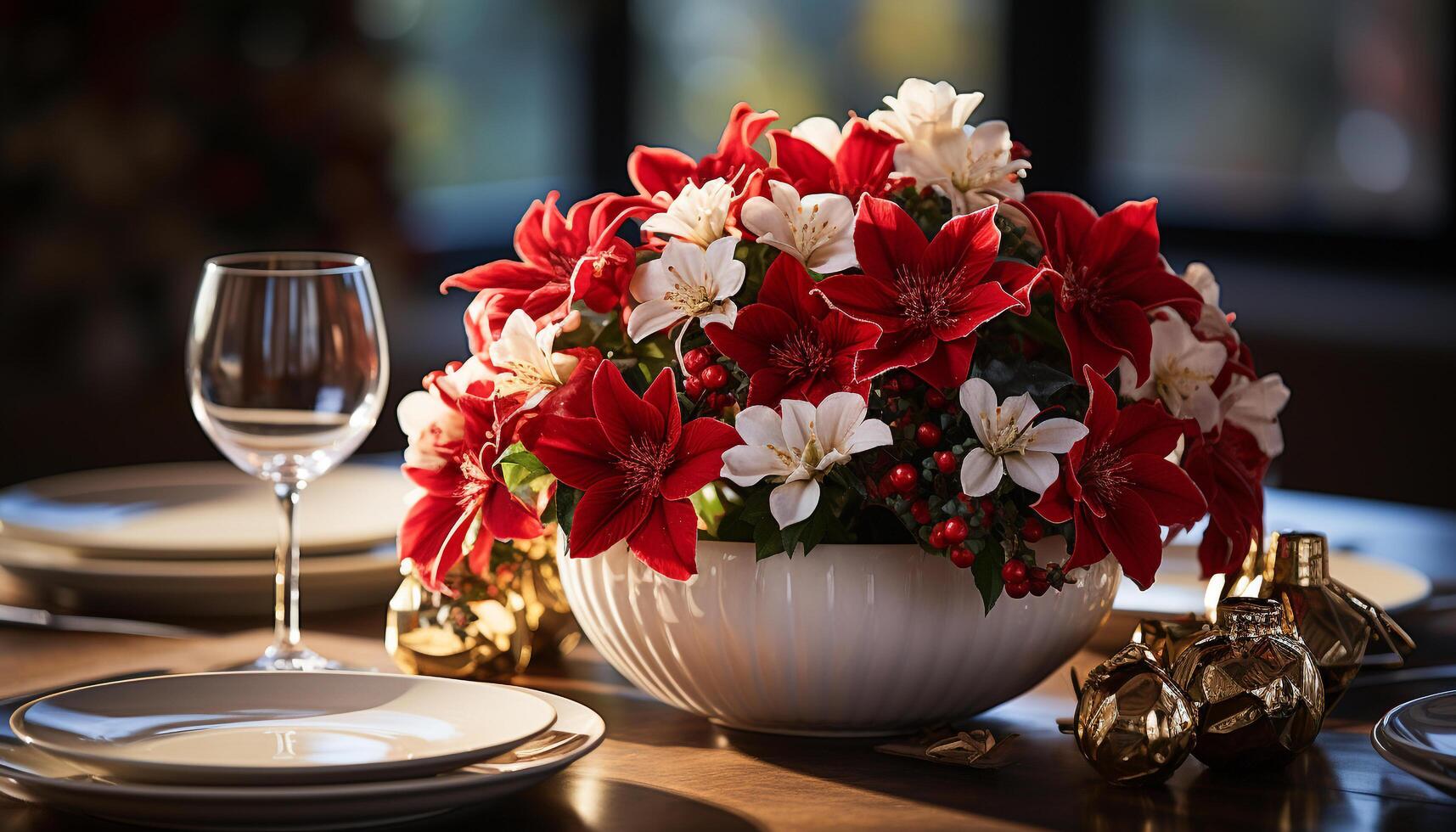 AI generated Elegant flower arrangement on table brings summer romance generated by AI photo