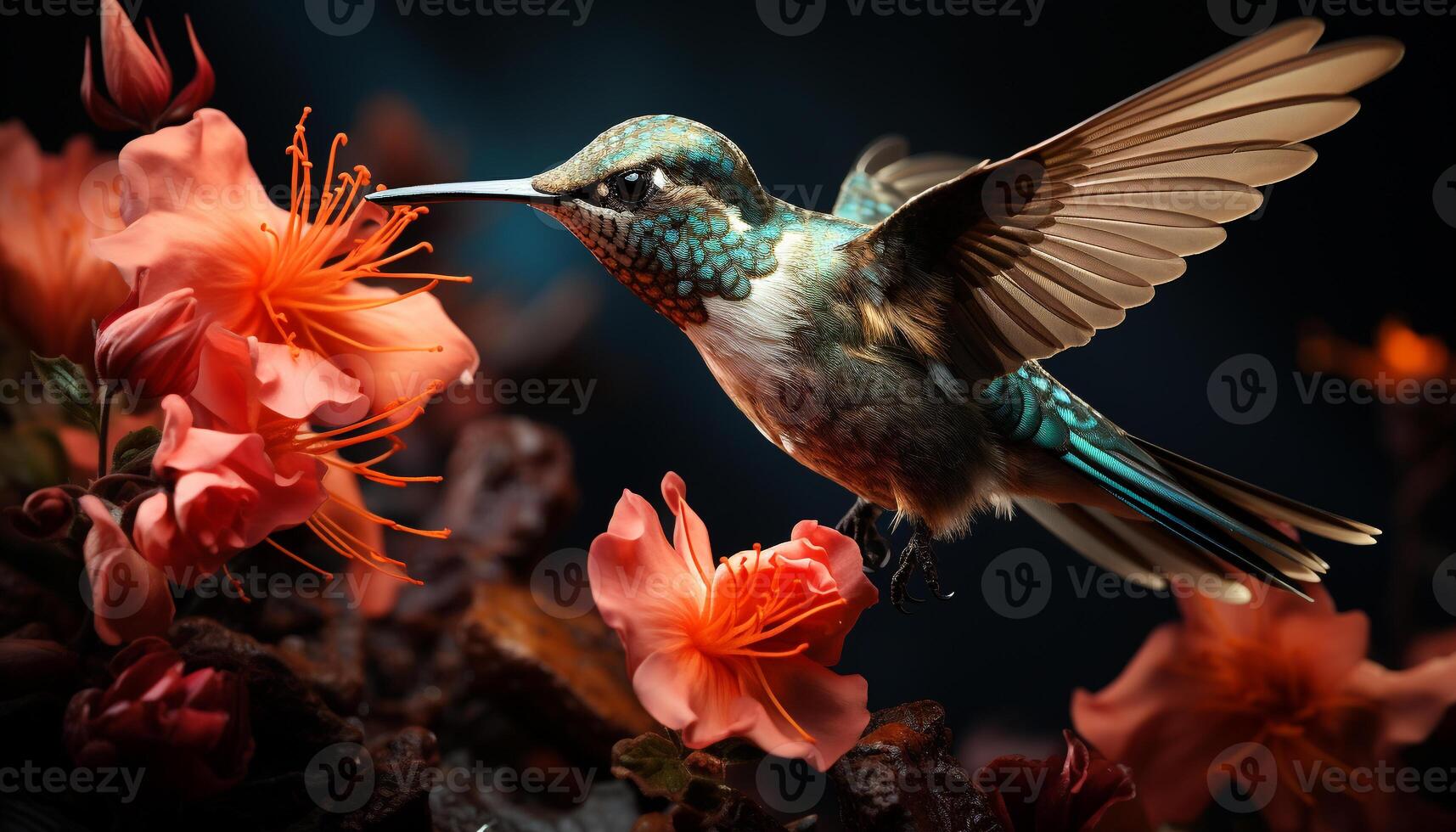 AI generated Hummingbird hovers, spreads wings, feeds on vibrant flower generated by AI photo