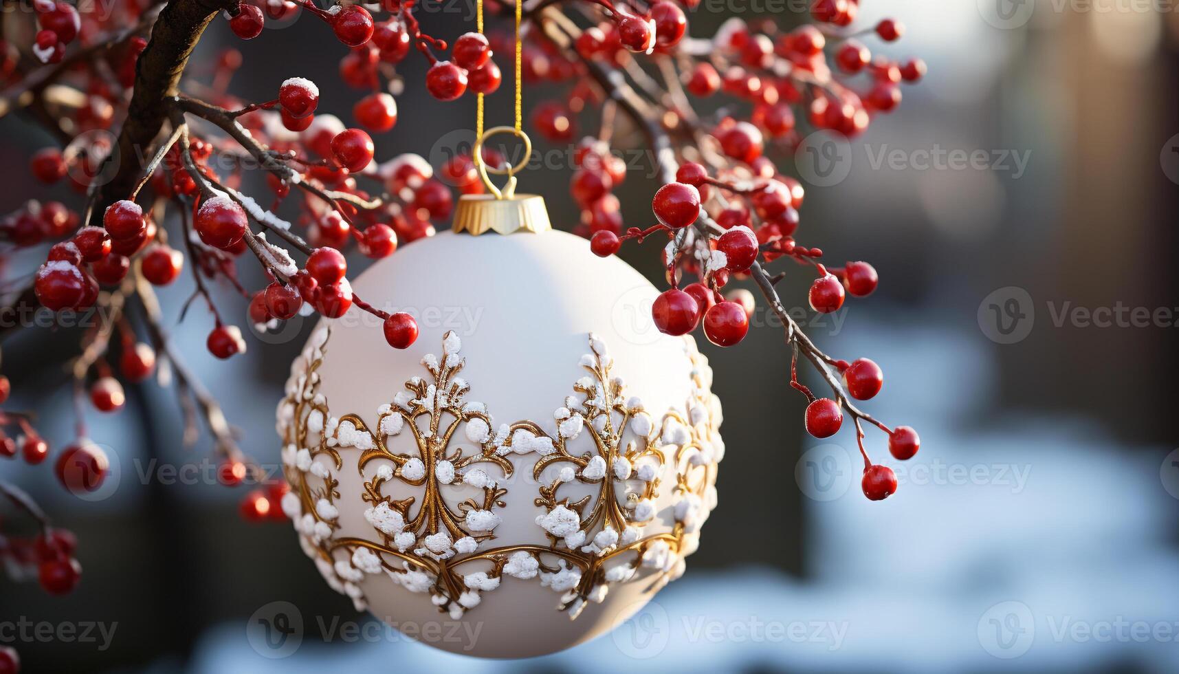 AI generated Shiny ornament hanging on Christmas tree branch generated by AI photo