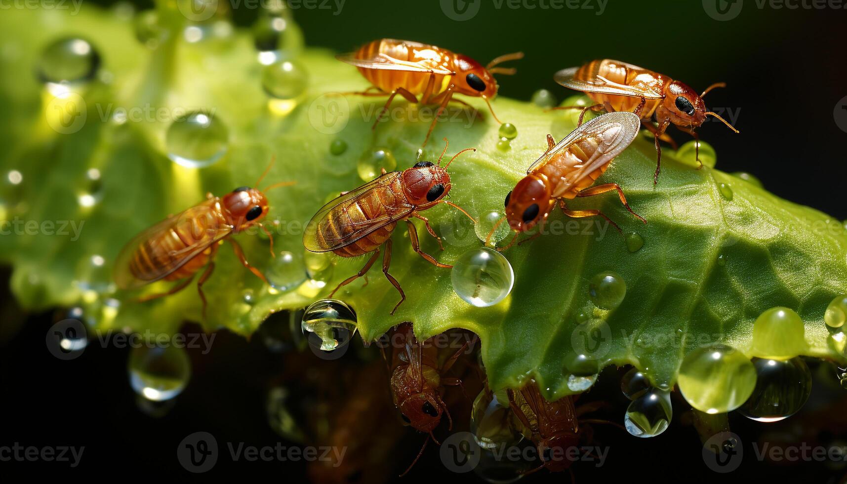 AI generated Small wet ant on green leaf in nature generated by AI photo
