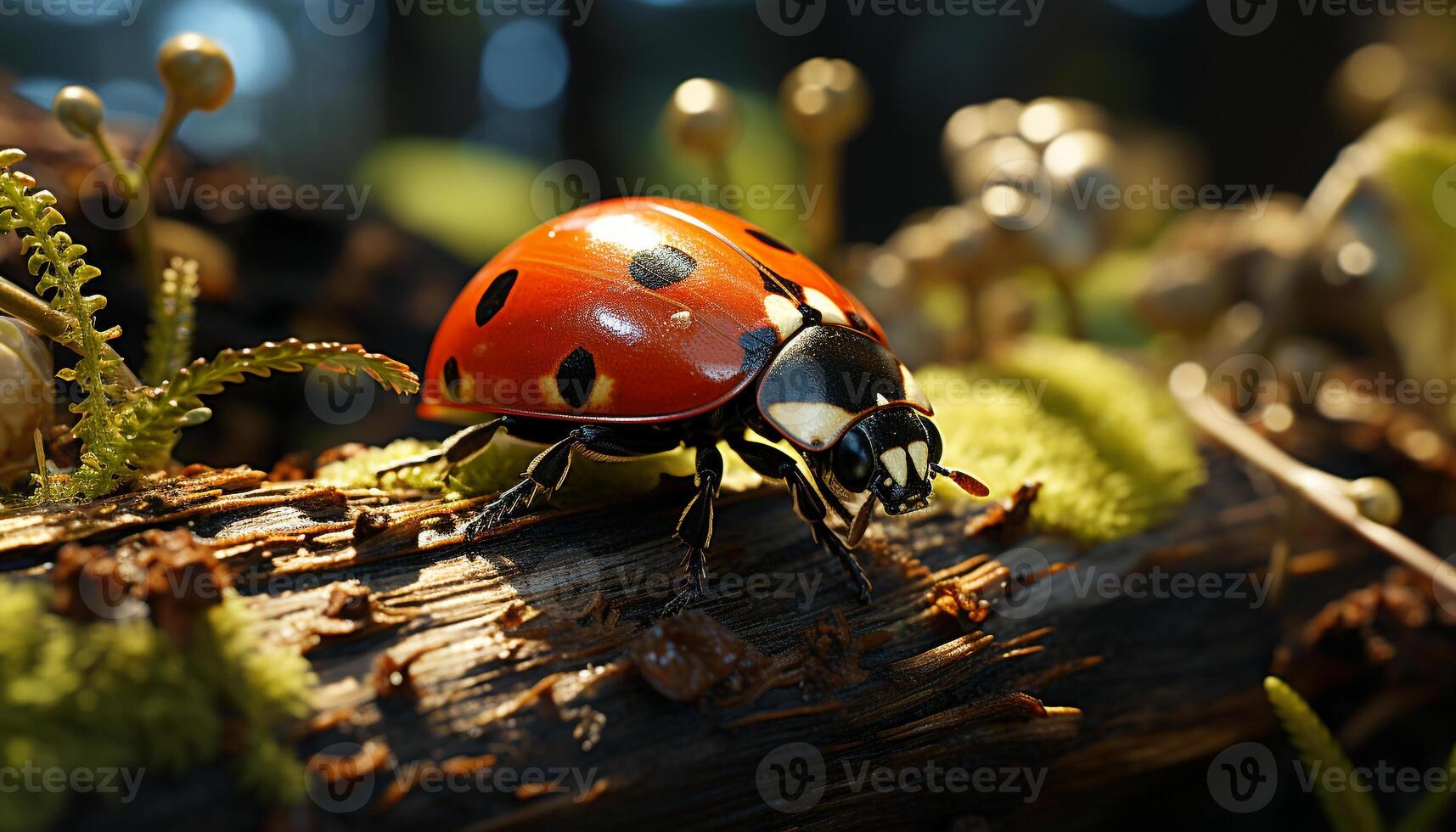 AI generated Spotted ladybug sitting on green leaf in nature generated by AI photo