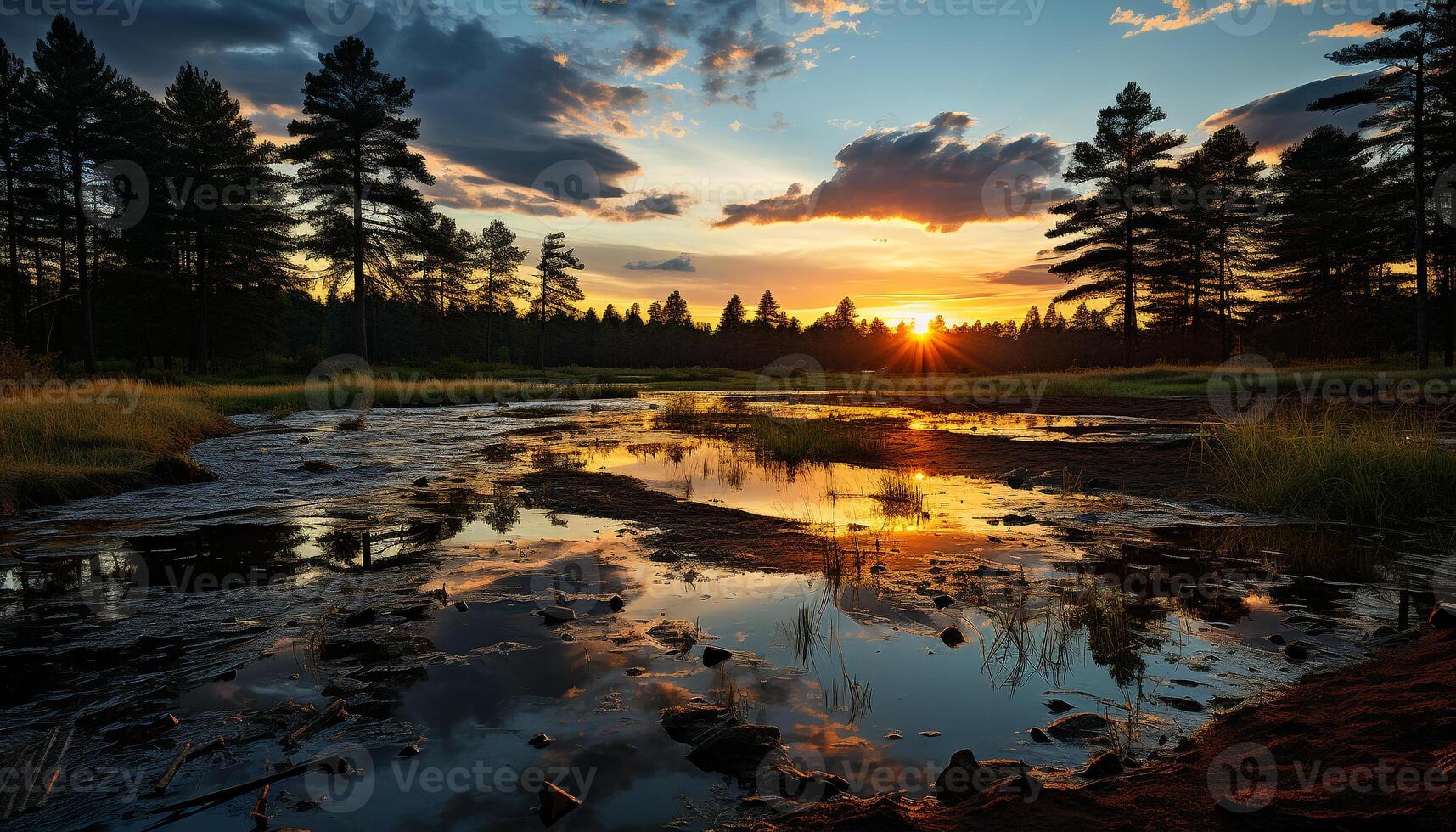 ai generado puesta de sol terminado el tranquilo estanque refleja el belleza generado por ai foto