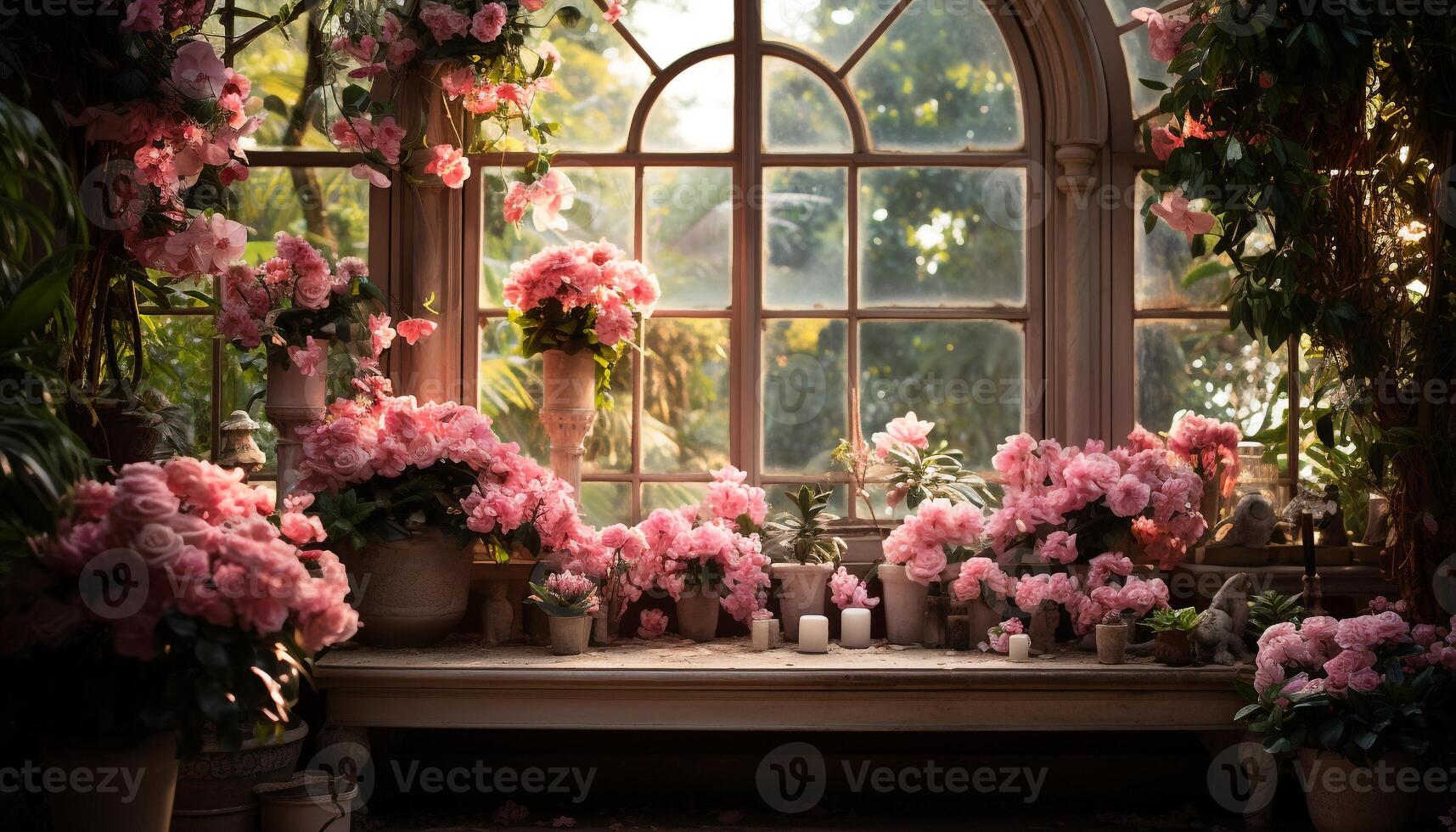 AI generated Pink flower blossom in vase on window sill generated by AI photo