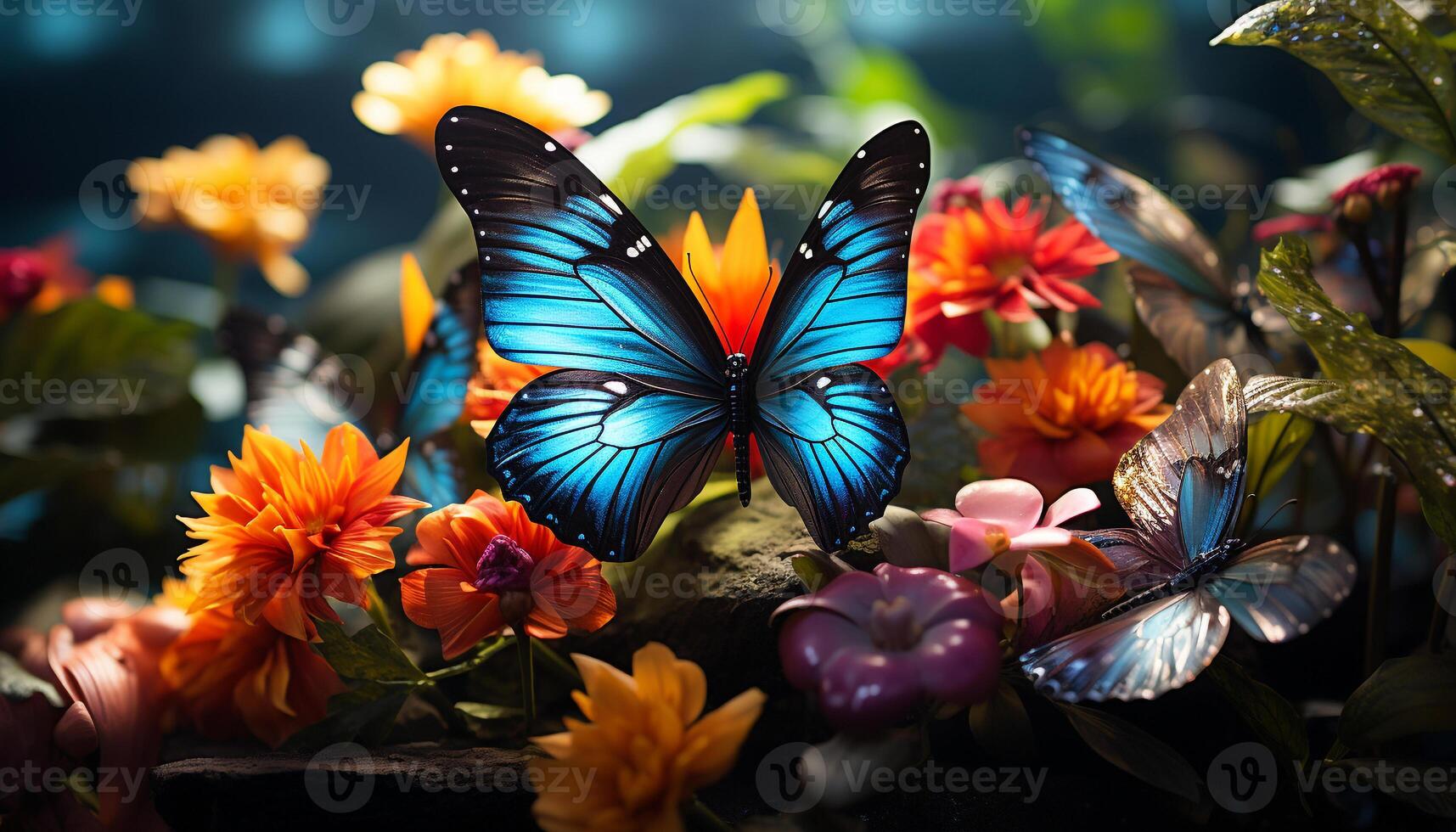 AI generated Vibrant colored butterfly dances amidst blooming flowers generated by AI photo
