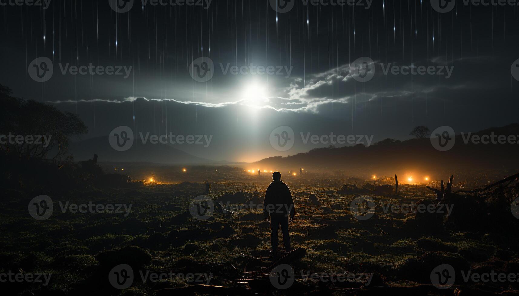 ai generado silueta de uno persona en pie en montaña pico generado por ai foto