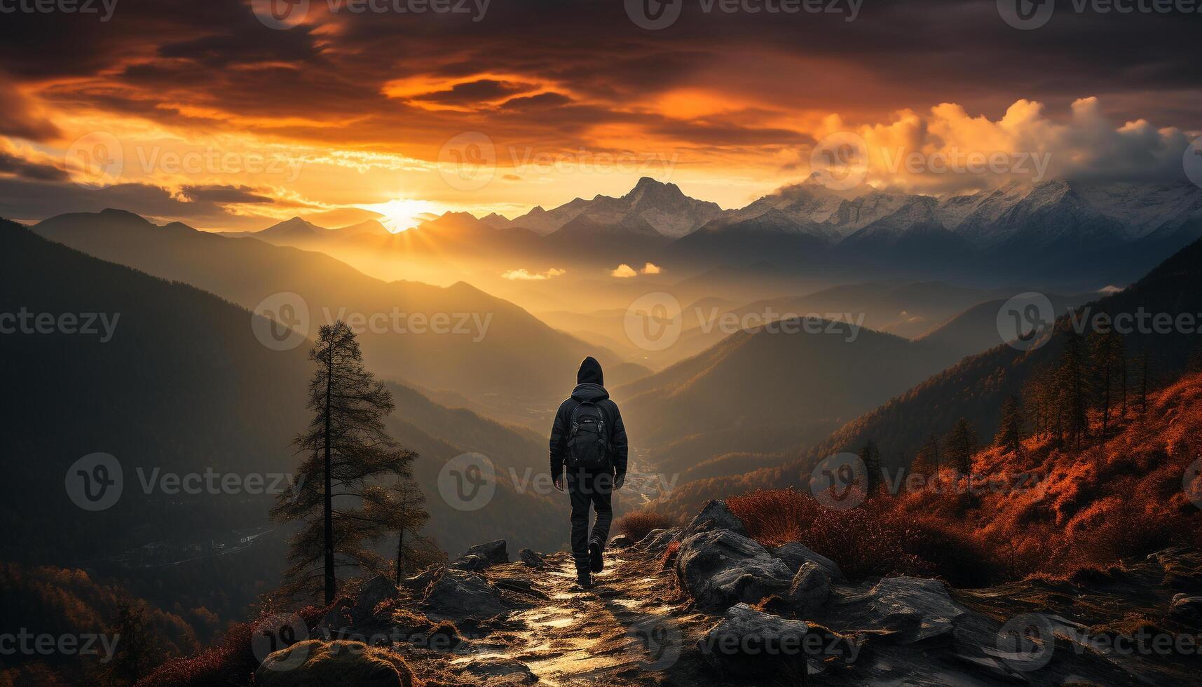 AI generated One person hiking mountain peak at sunrise generated by AI photo