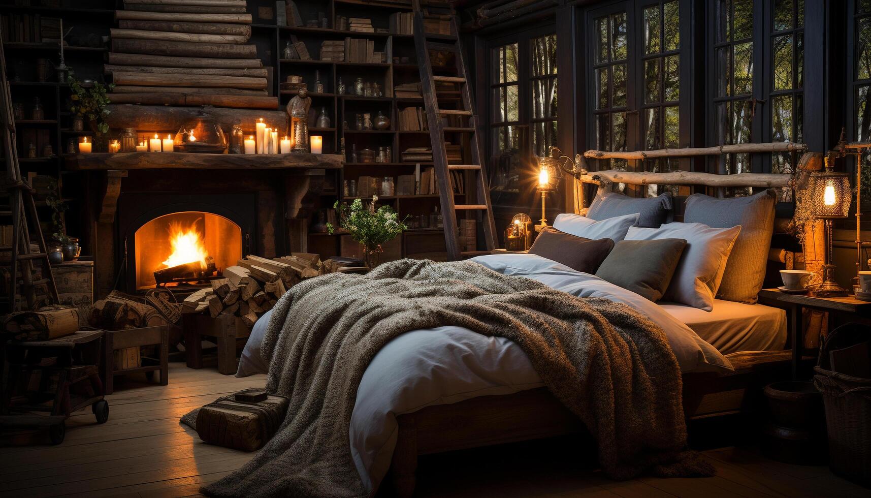 AI generated Luxury bedroom, cozy and comfortable, illuminated by candle generated by AI photo