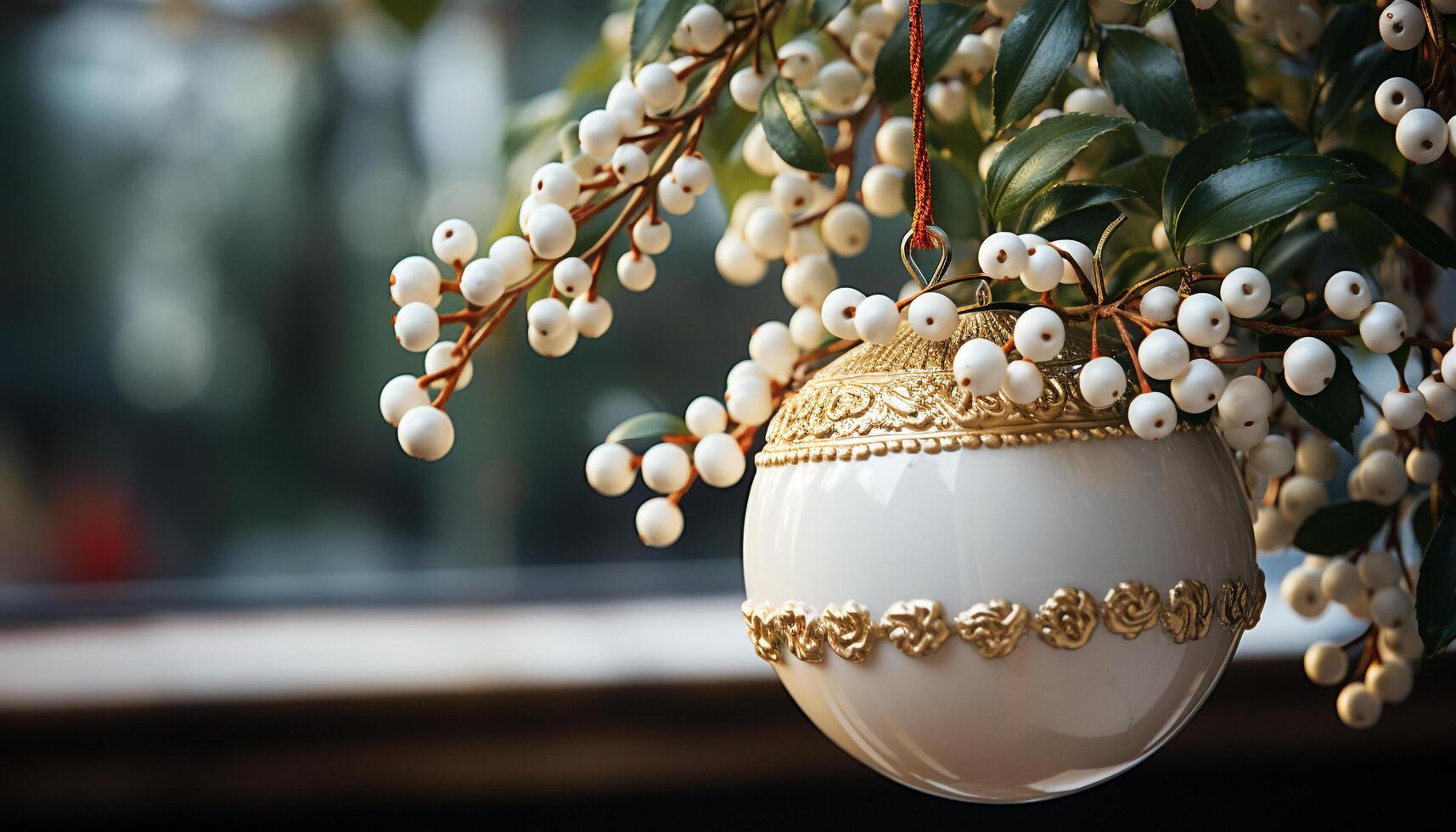 AI generated Christmas ornament shines on tree, symbolizing celebration generated by AI photo