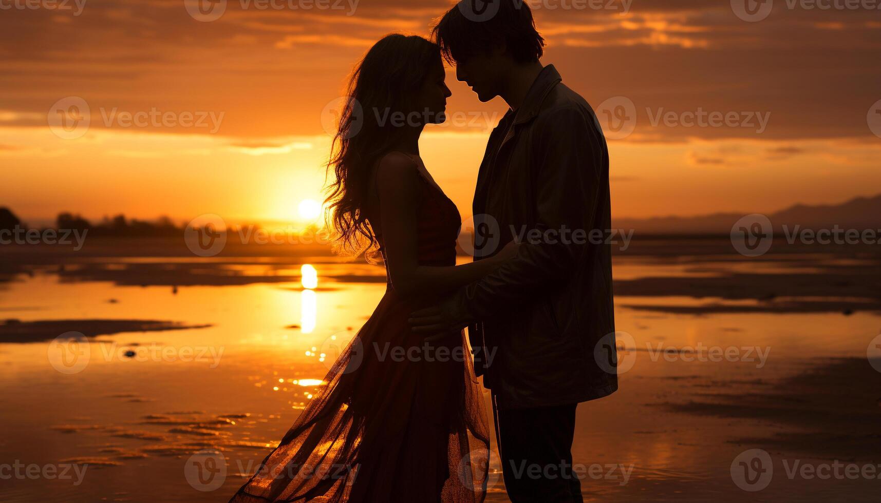 ai generado romántico atardecer, amar, y felicidad abrazo el Pareja generado por ai foto