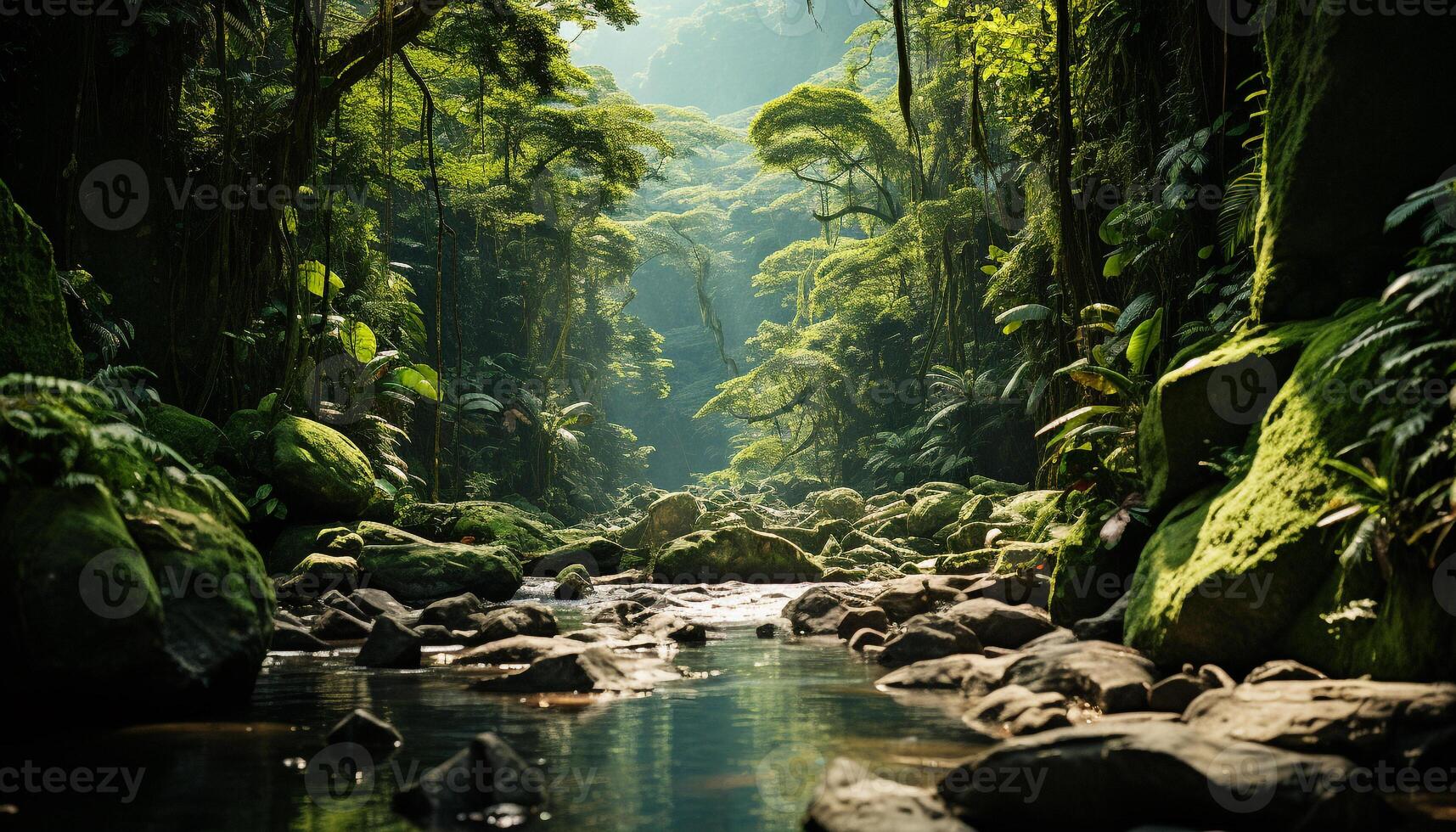 AI generated Tranquil scene of flowing water in tropical rainforest generated by AI photo