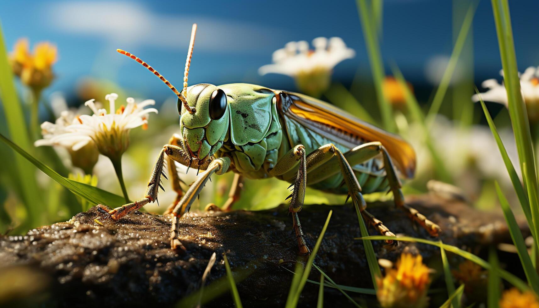 ai generado cerca arriba de un amarillo mariposa en verde césped generado por ai foto