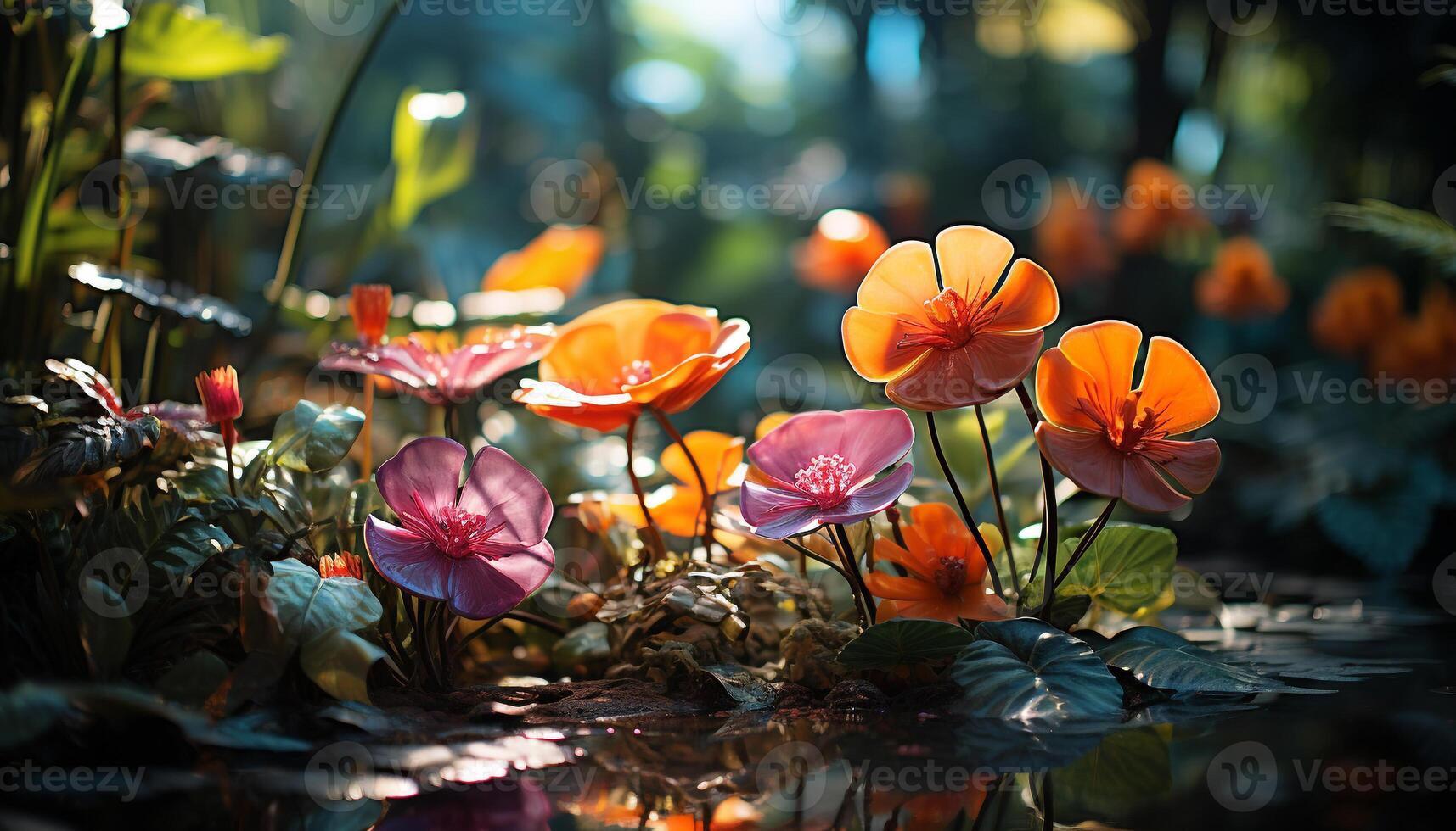 AI generated Vibrant colored flowers blossom in the formal garden generated by AI photo