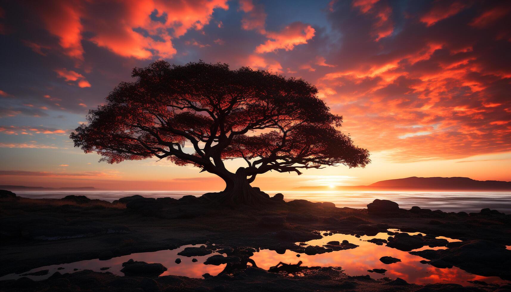 ai generado silueta de árbol en contra naranja puesta de sol terminado agua generado por ai foto