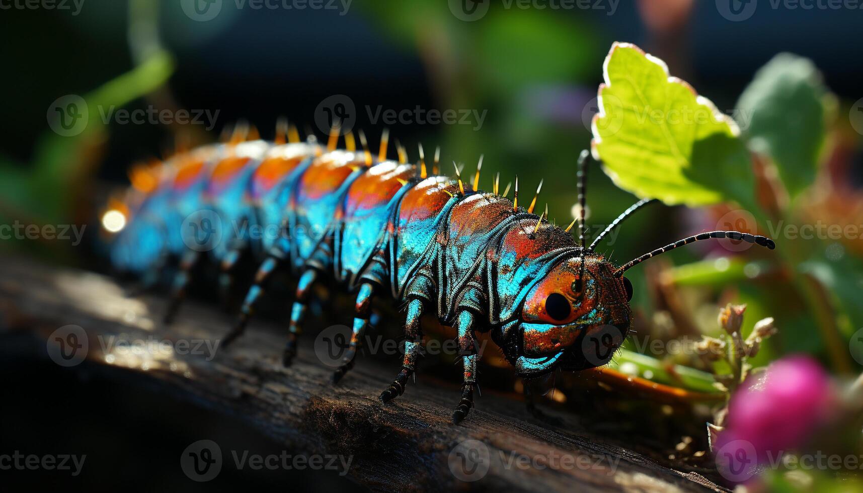 AI generated Close up of a small green caterpillar on a leaf generated by AI photo