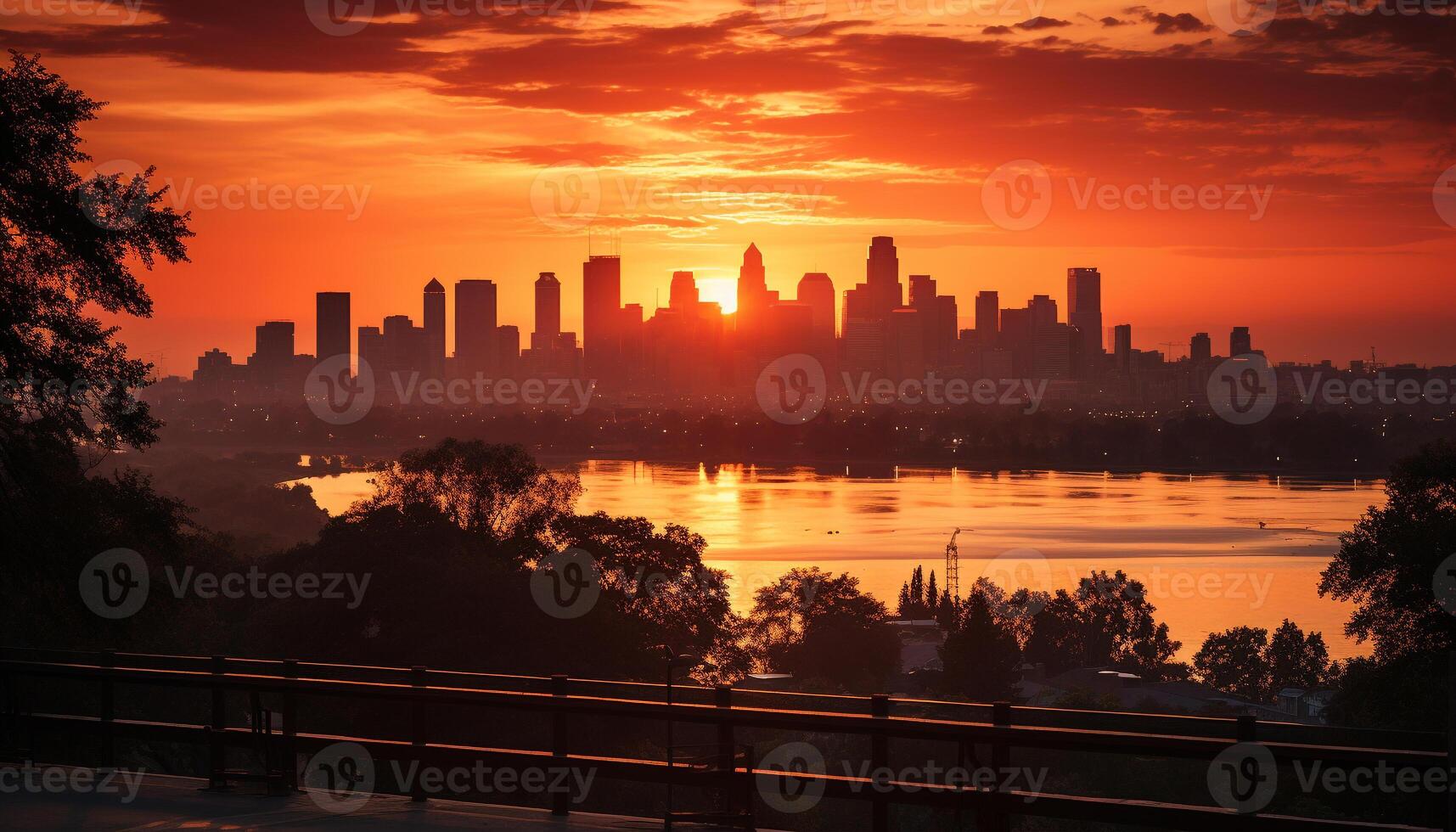 AI generated City skyline at dusk, reflecting in tranquil waters generated by AI photo