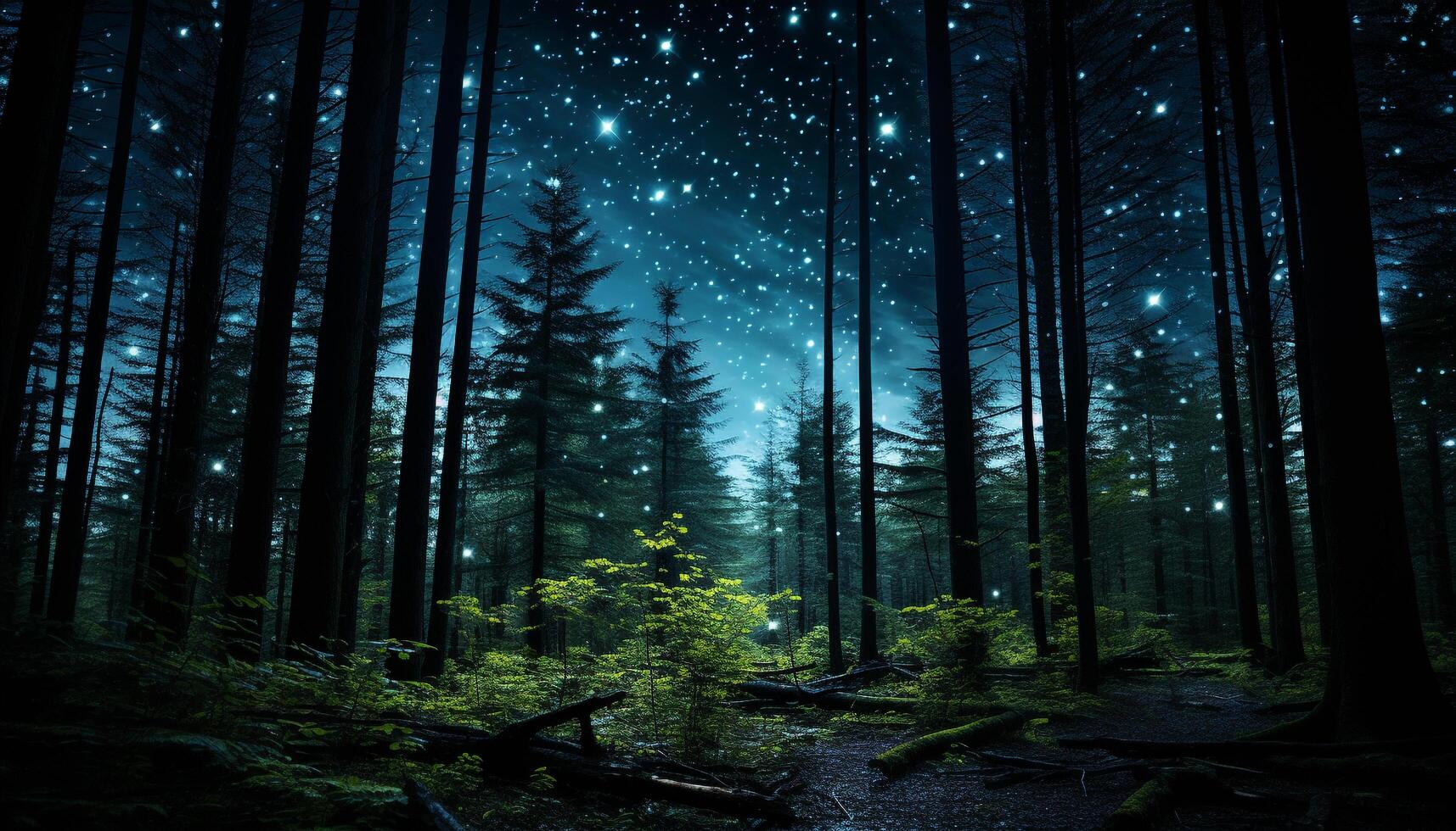 AI generated Mysterious dark forest illuminated by glowing starlight generated by AI photo