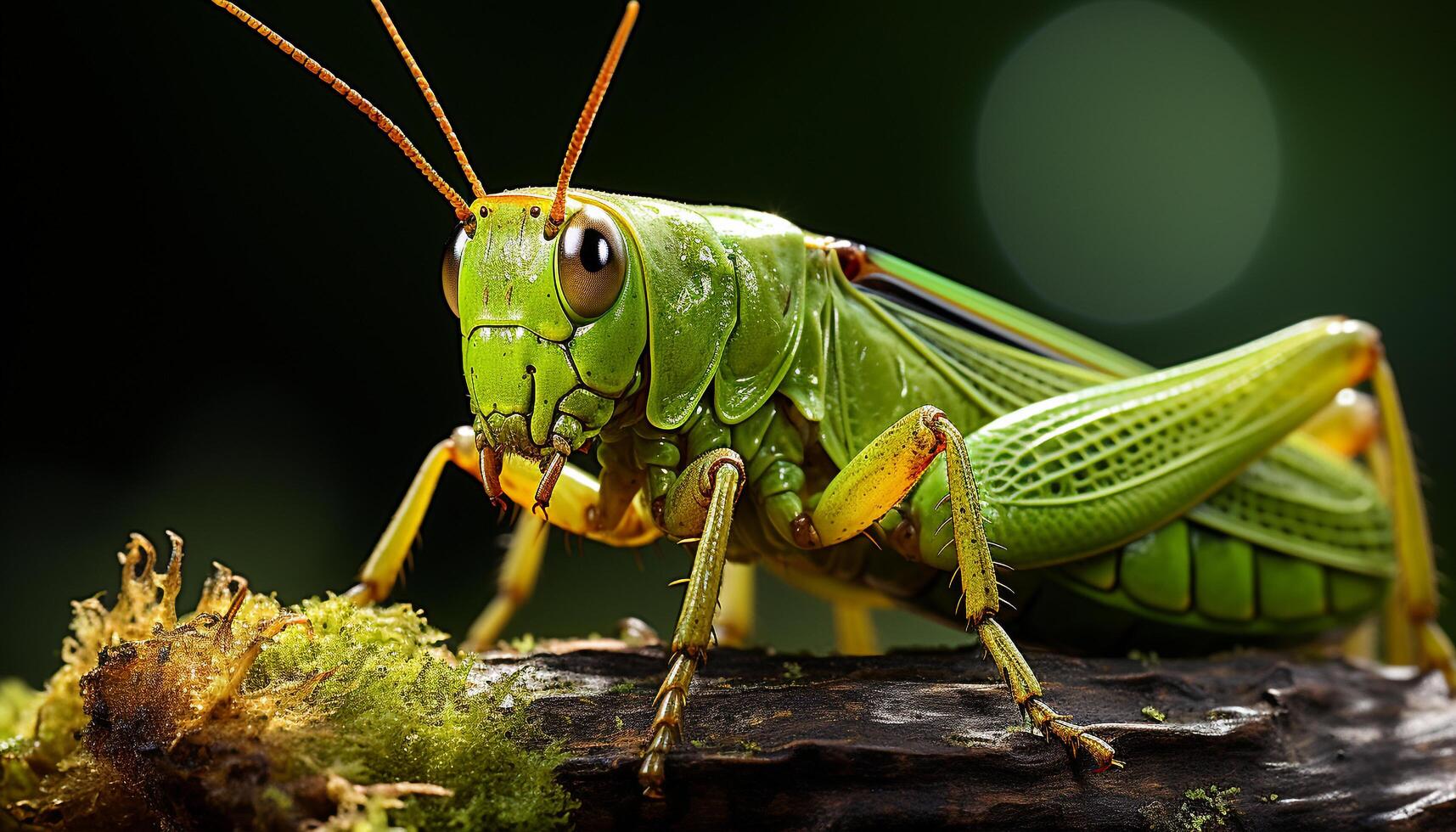 ai generado cerca arriba de un verde langosta en un hoja generado por ai foto