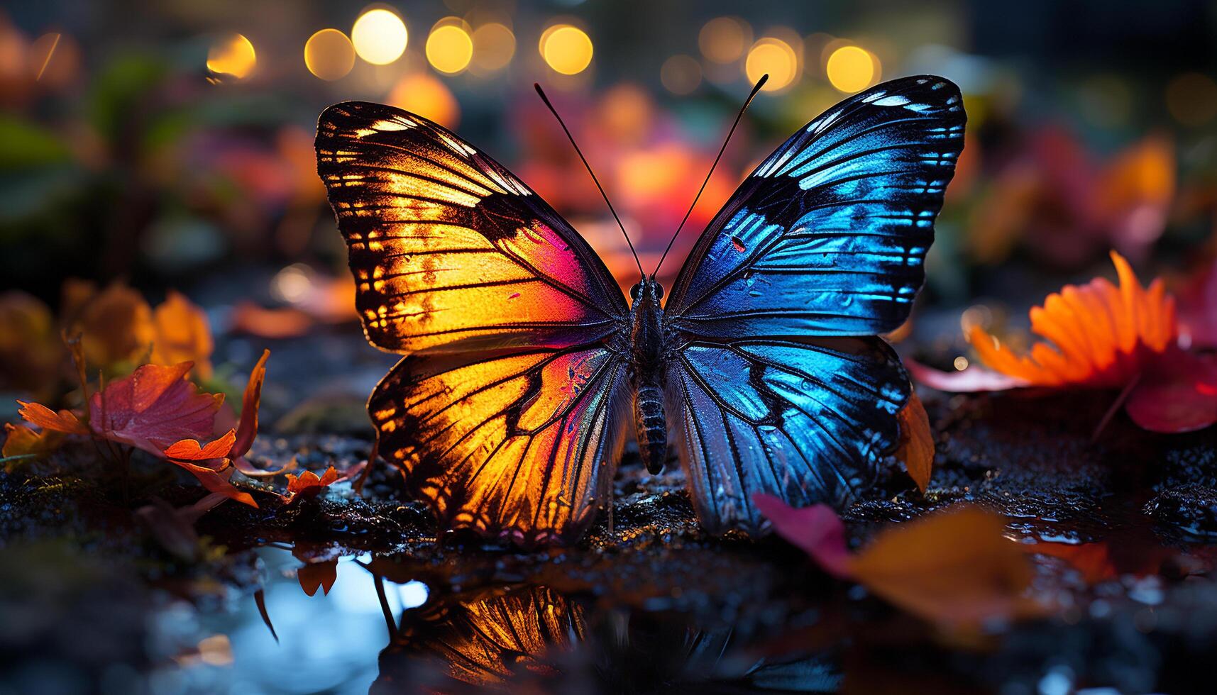 AI generated Vibrant colored butterfly in nature, flying with elegance generated by AI photo