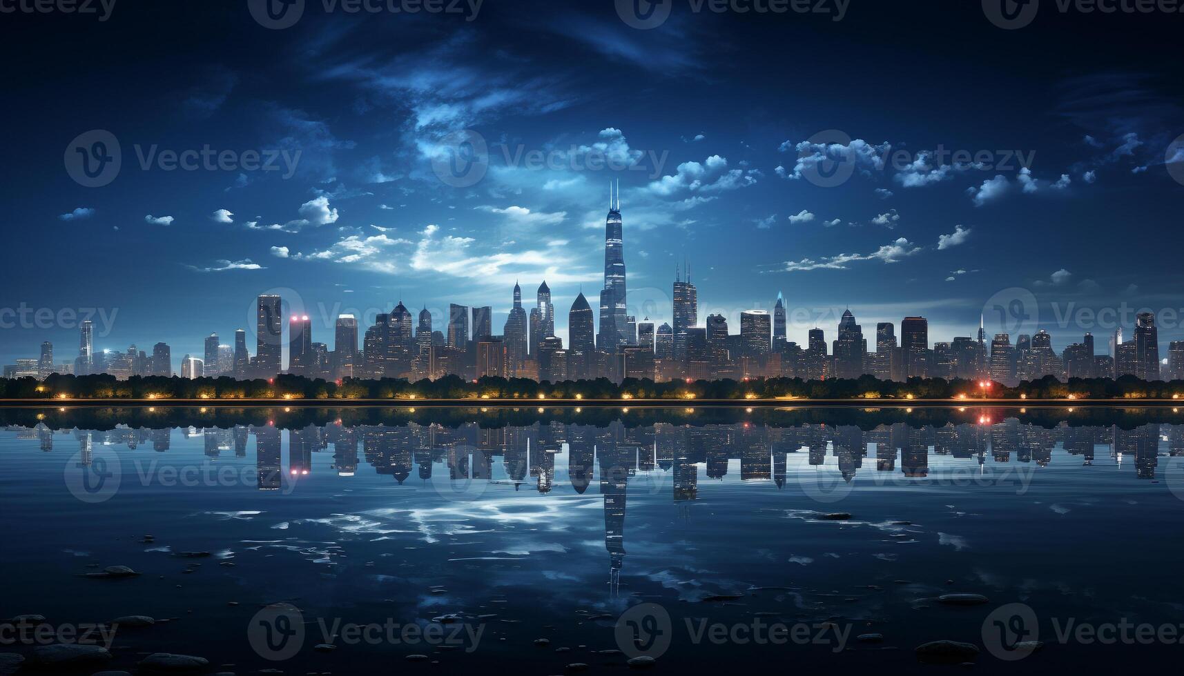 AI generated Cityscape at dusk, skyscrapers reflect in blue water generated by AI photo