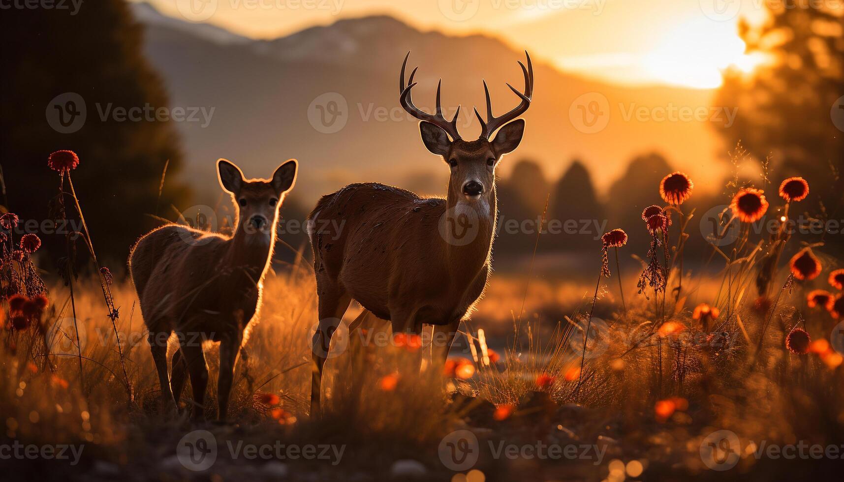 AI generated Young deer grazing in meadow at sunrise generated by AI photo