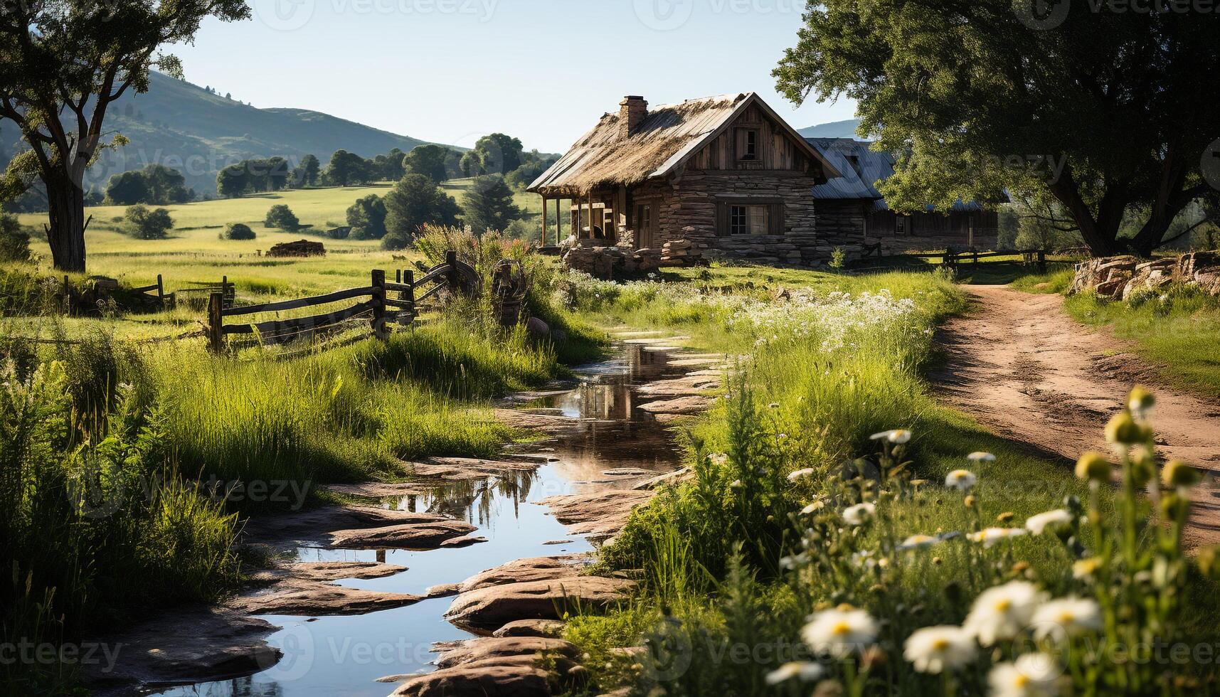 AI generated Tranquil scene of a green meadow near a pond generated by AI photo