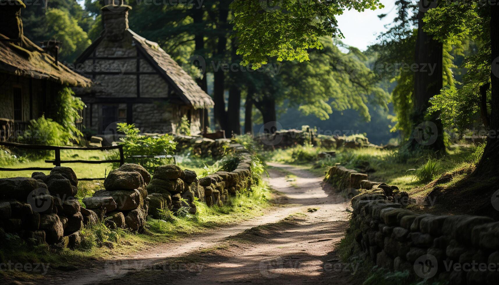 AI generated Tranquil forest landscape with ancient rustic cottage generated by AI photo