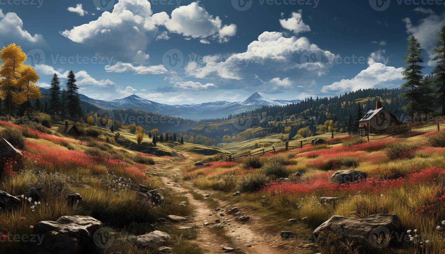 AI generated Majestic mountain peak in tranquil autumn meadow generated by AI photo