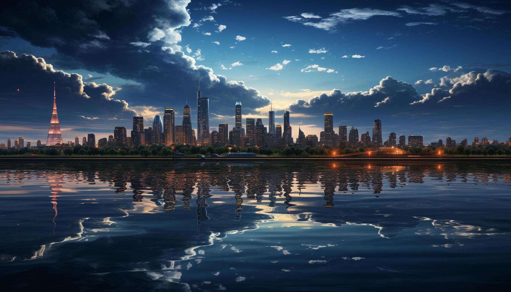 AI generated Cityscape reflects skyscrapers at dusk in urban skyline generated by AI photo