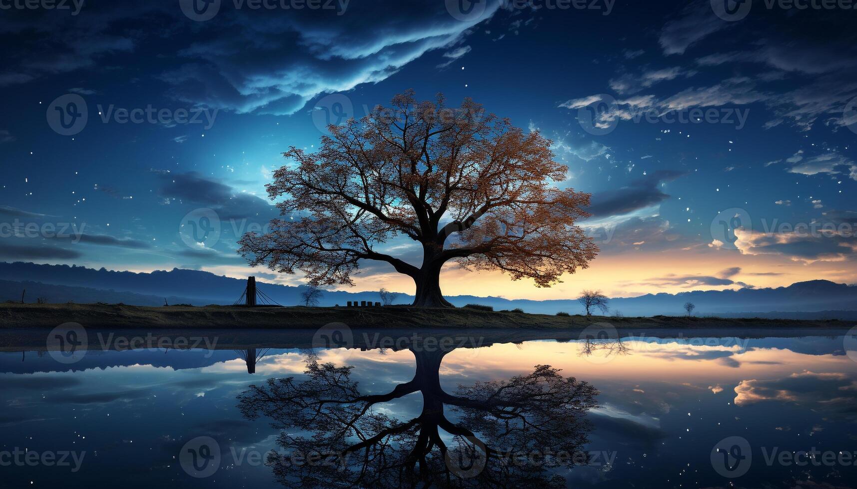 AI generated Silhouette of tree reflects tranquil sunset on water generated by AI photo