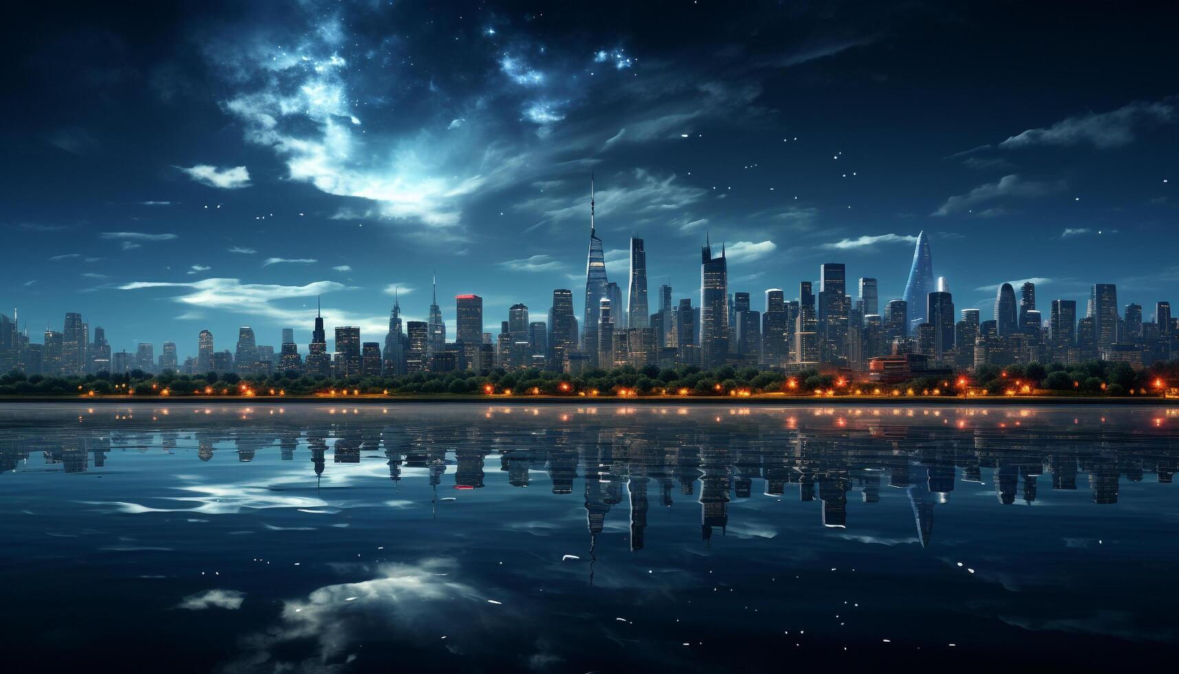 AI generated Bright city lights reflect on the waterfront at dusk generated by AI photo