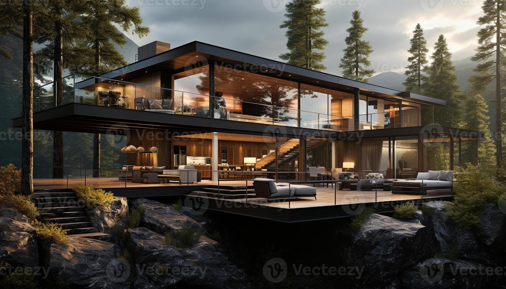 AI generated Modern architecture outdoors, wood material, nature landscape, dusk building exterior generated by AI photo