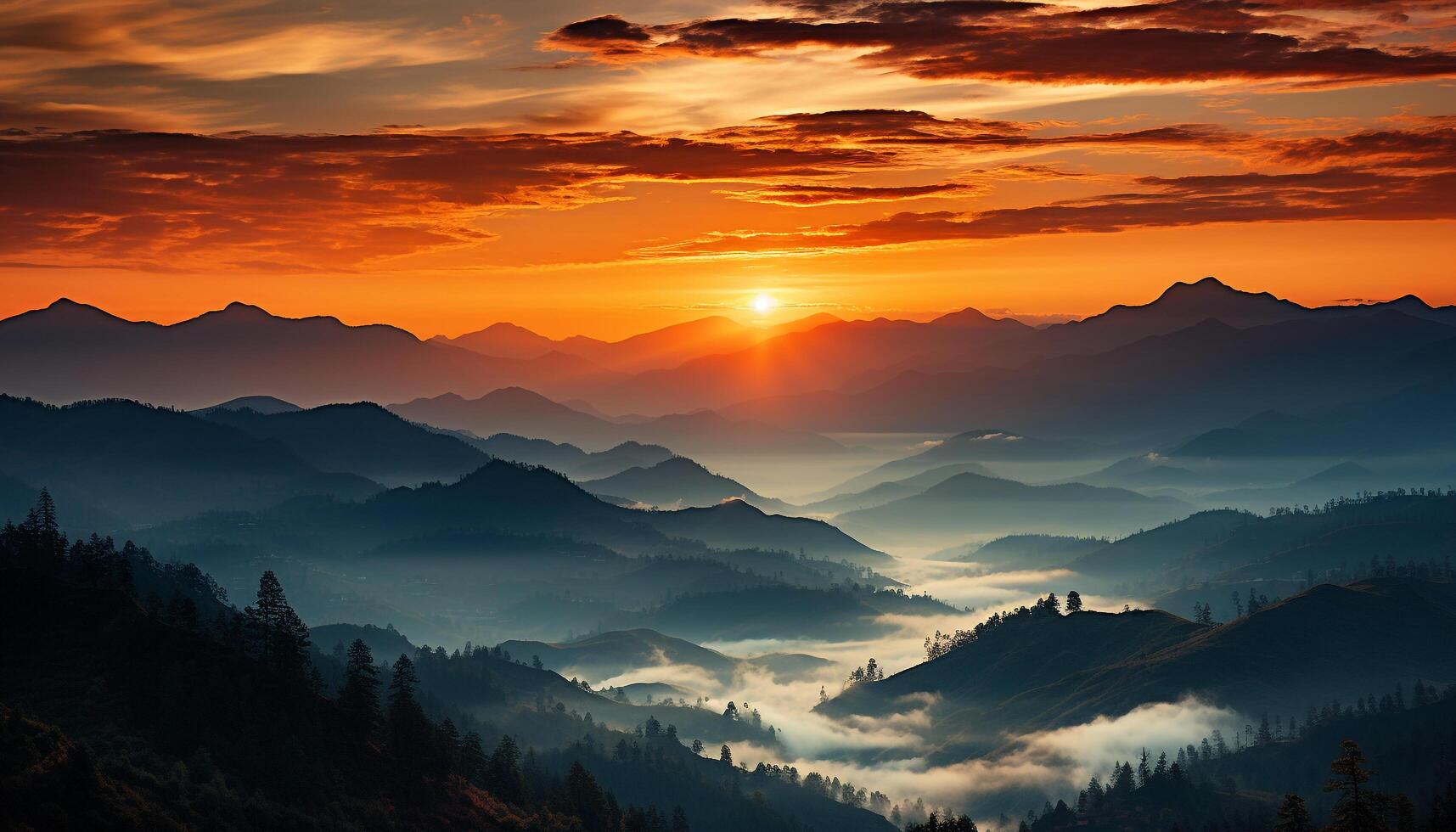 AI generated Mountain peak silhouette at sunset, a tranquil scene generated by AI photo