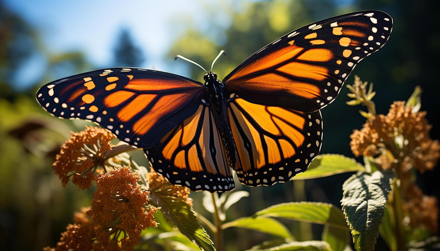 ai generado el vibrante monarca mariposa moscas en el bosque generado por ai foto