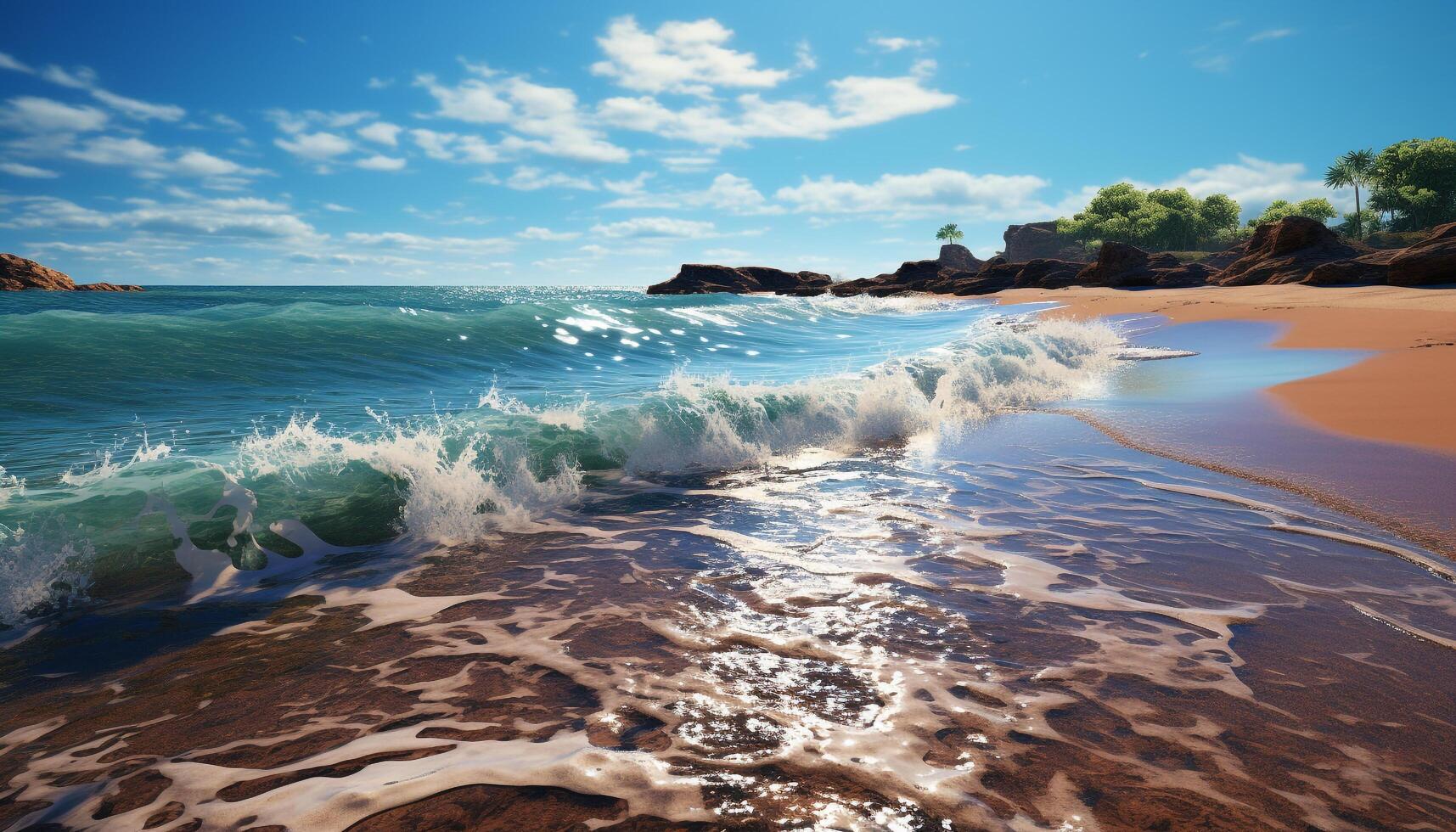 AI generated Idyllic sunset over tranquil water, green tree generated by AI photo