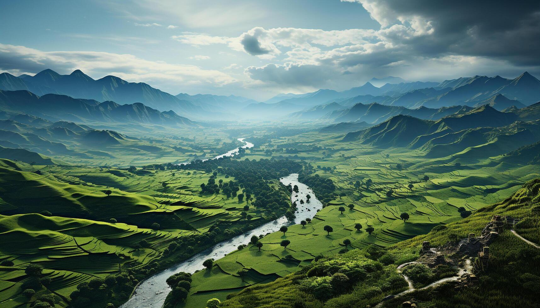 AI generated Tranquil meadow, green mountains, blue sky, peaceful nature generated by AI photo
