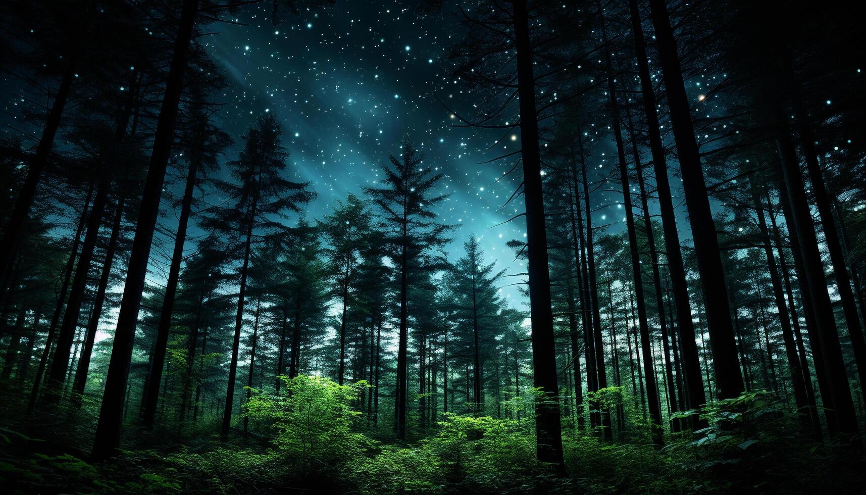 AI generated Mysterious night, illuminated by stars, tranquil forest generated by AI photo