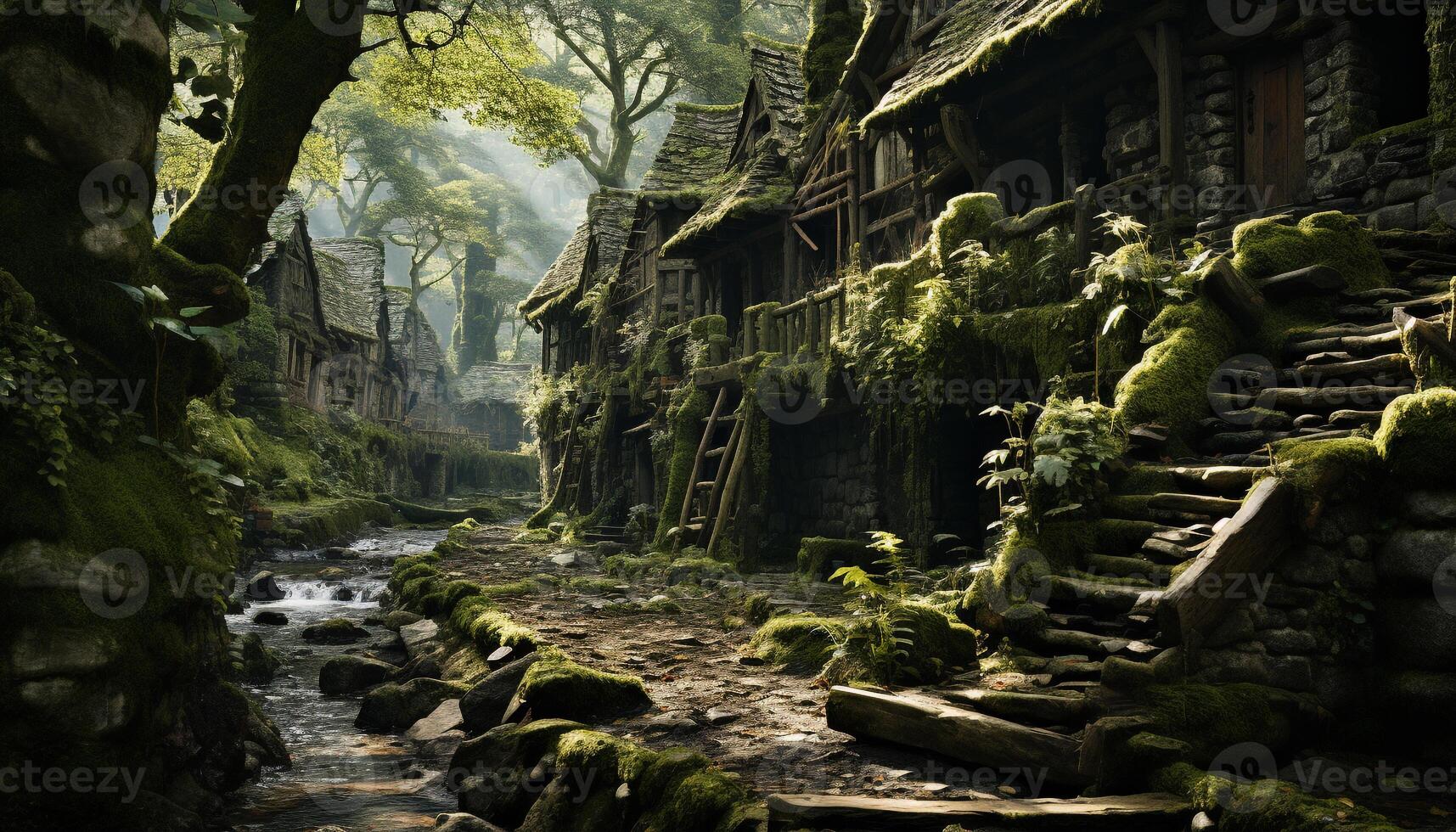 AI generated Ancient ruins in the forest hold mysterious spirituality generated by AI photo