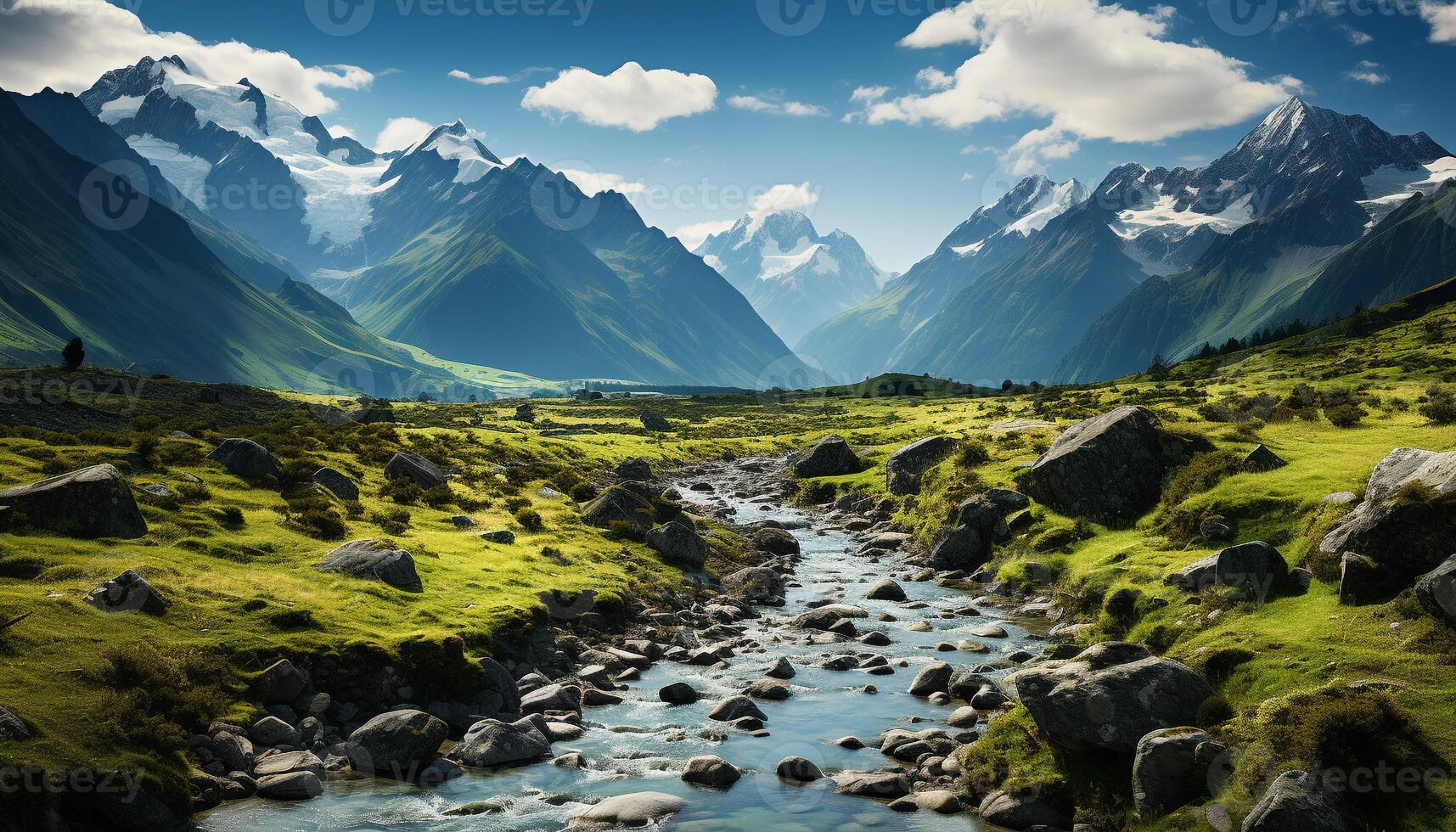 AI generated Majestic mountain peak reflects tranquil blue water generated by AI photo