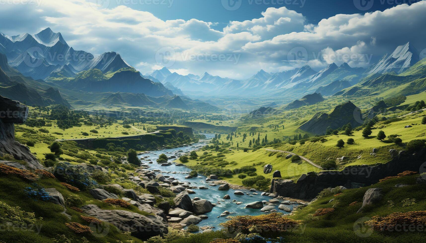 AI generated Majestic mountain peak reflects tranquil meadow in summer generated by AI photo