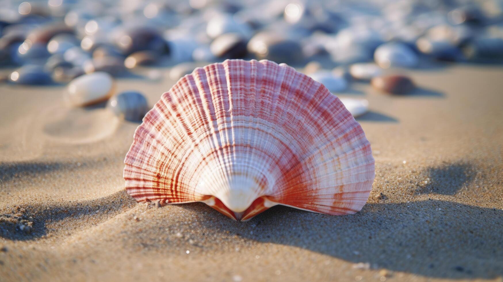 AI generated conch seashell laying at the beach at sunset with waves photo